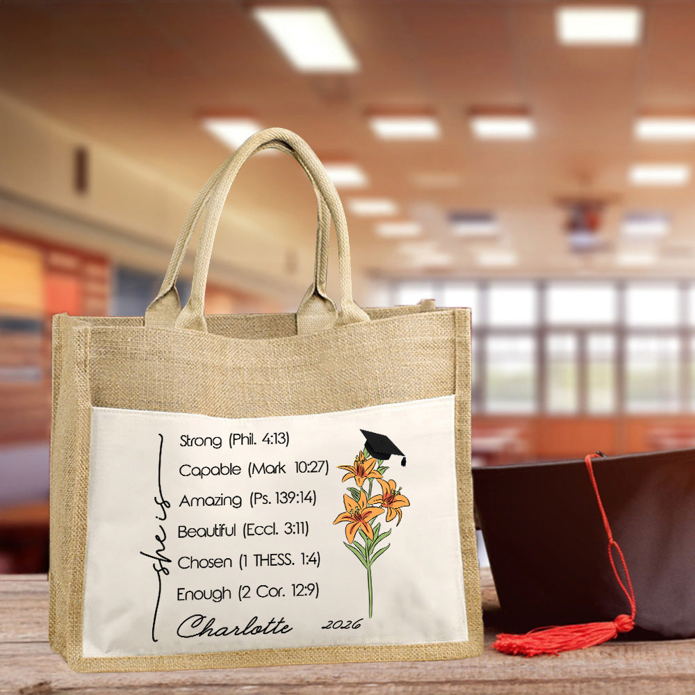 Versículos de la Biblia Personalizados Flor de Nacimiento Gorro de Graduación Bolsa de Yute con Nombre y Año Gran Almacenaje Regalo de Graduación para Mujeres Graduadas Cristianas