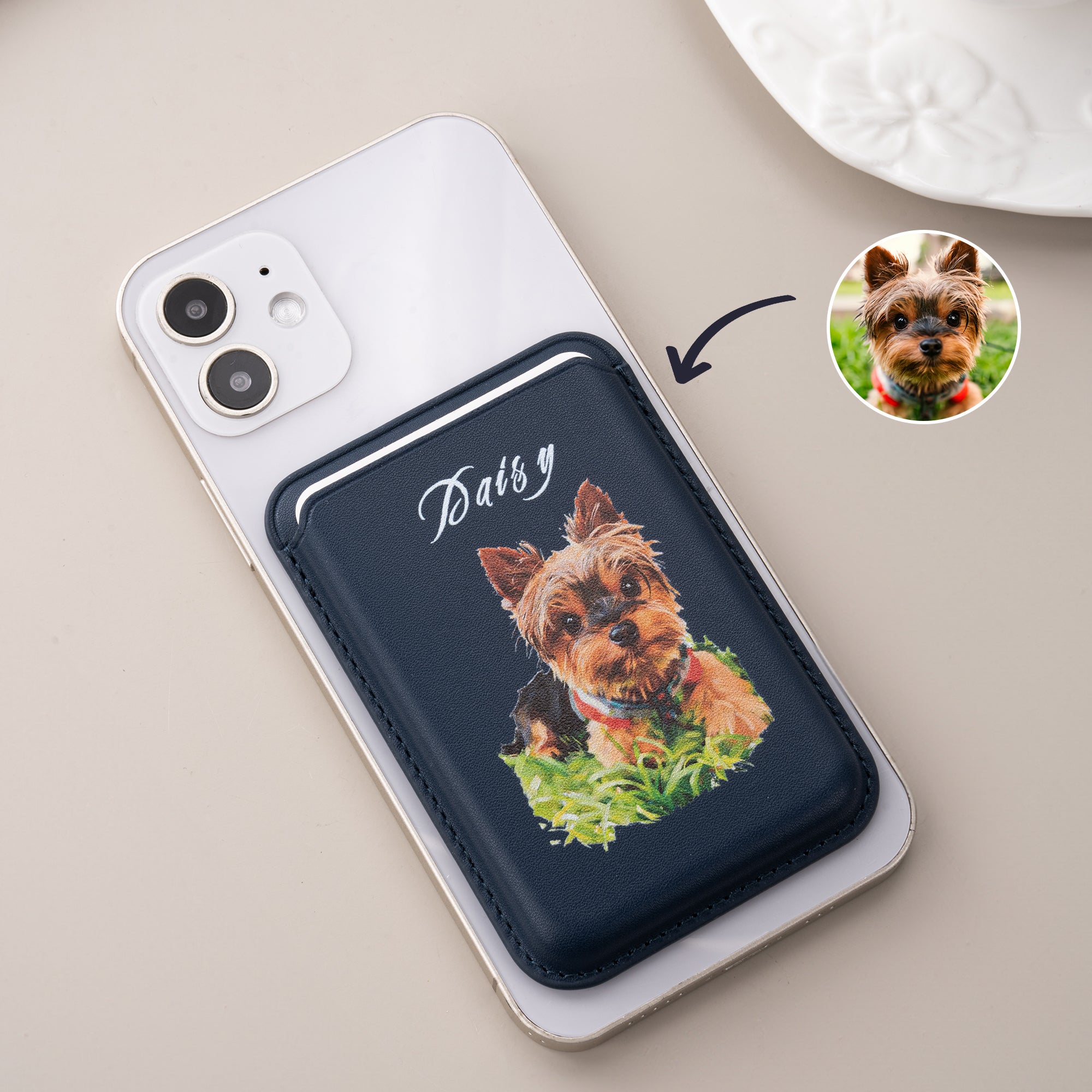 Personalizado Pintura al Óleo Estilo Mascota Foto PU Cuero iPhone MagSafe Titular de la tarjeta con el nombre de uso diario Aniversario Cumpleaños Regalo para Pet Lover