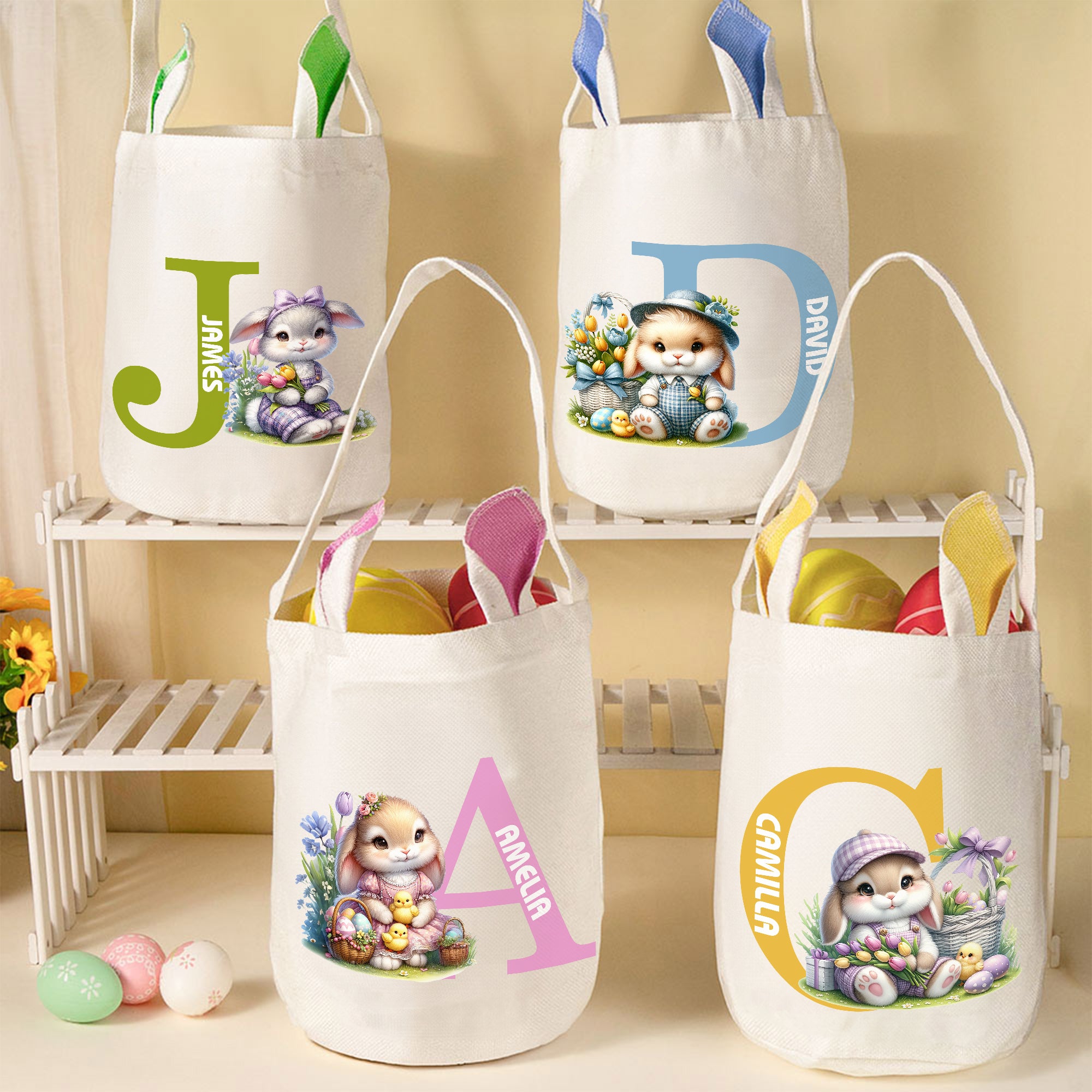 Cesta de Pascua Reutilizable Personalizada con Orejas de Conejito de Flores de Conejo con Inicial y Nombre Accesorios de Caza de Huevos Regalo de Pascua para Niños Niñas