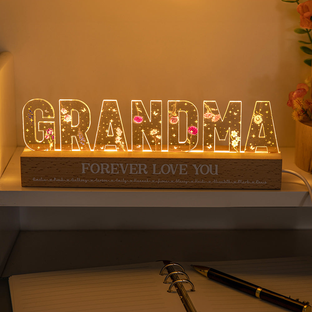 Luz nocturna LED personalizada con los nombres de los niños del 1 al 12 y base de madera Decoración para el hogar Día de la Madre Regalo de cumpleaños para mamá Abuela