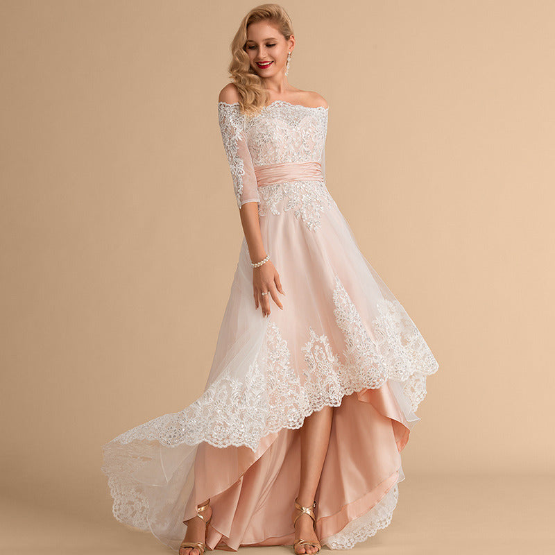 Bridal Wedding Dress Pink 1 2 Sleeve Asymmetrical Off the Shoulder A-line