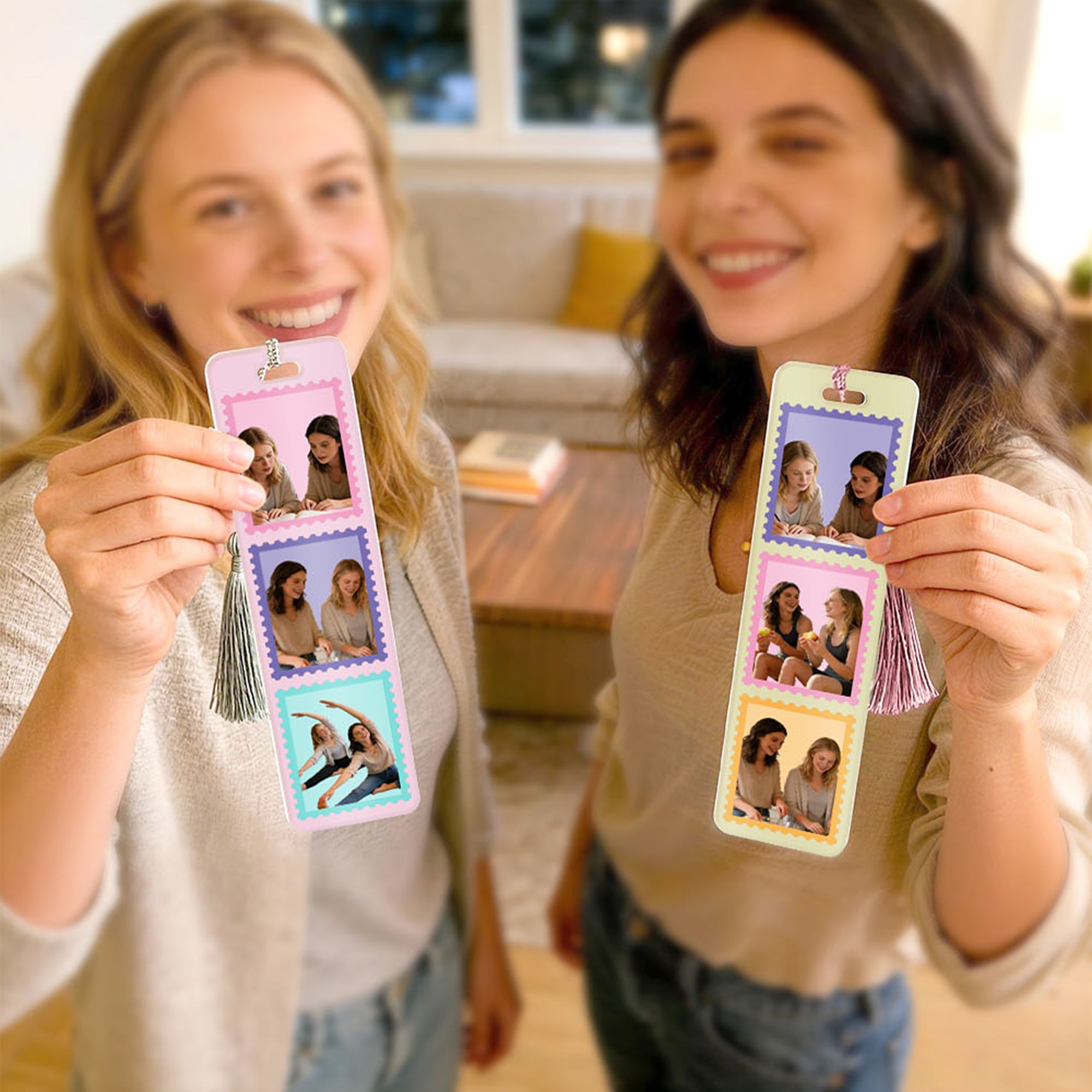 Marca páginas acrílico personalizado con 3 fotos en diseño de sello postal multicolor con borla Material de lectura Regalo de cumpleaños para amigos y familiares