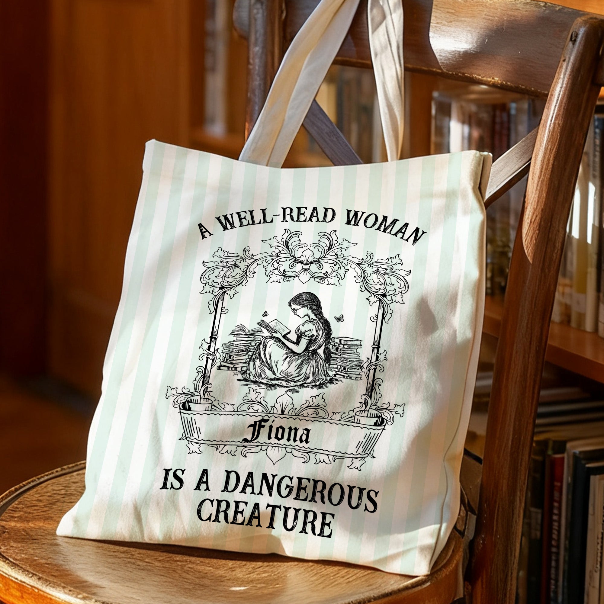 Personalizada Retro Lectura Niña Bolsa de rayas con nombre Cumpleaños Navidad Graduación Regalo para los amantes de los libros Ratones de biblioteca