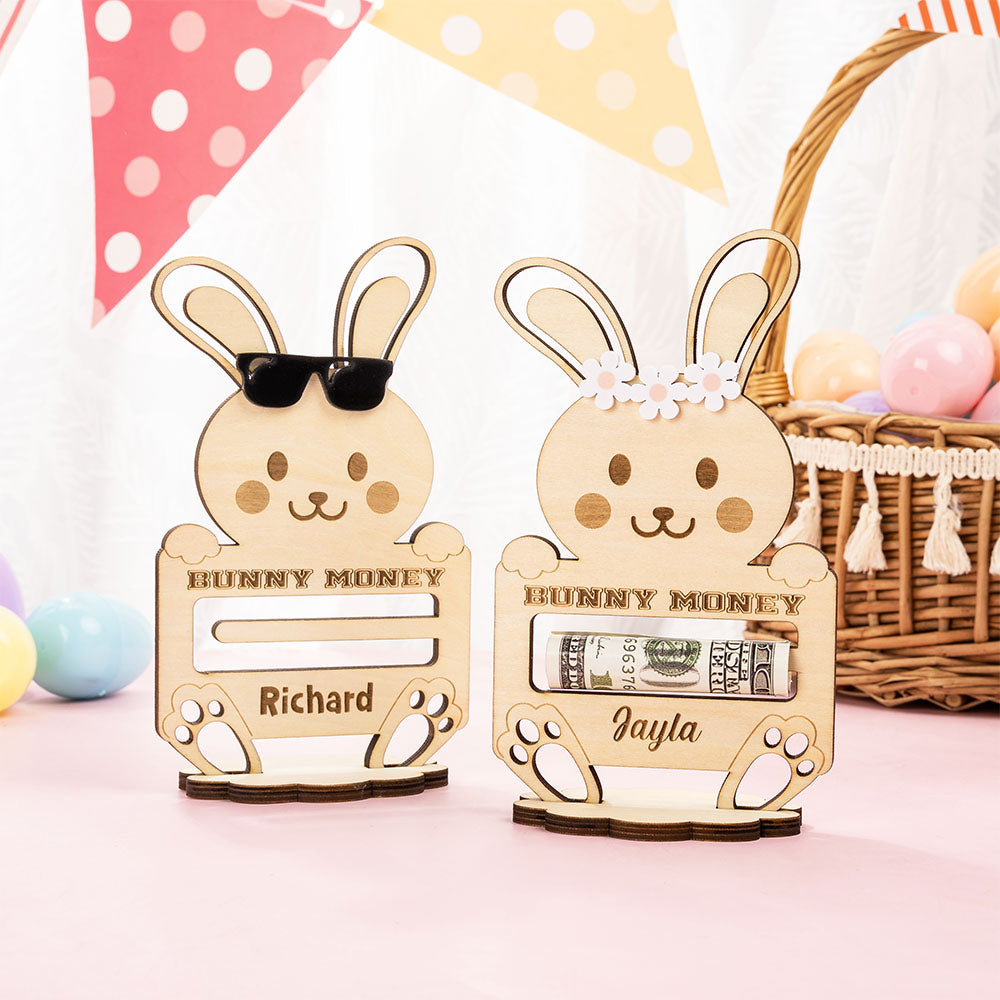 Personalizado lindo conejito de madera Money Holder con el nombre de Pascua Cesta de Rellenos Decoración para el Hogar Cumpleaños Regalo para Niños Niñas