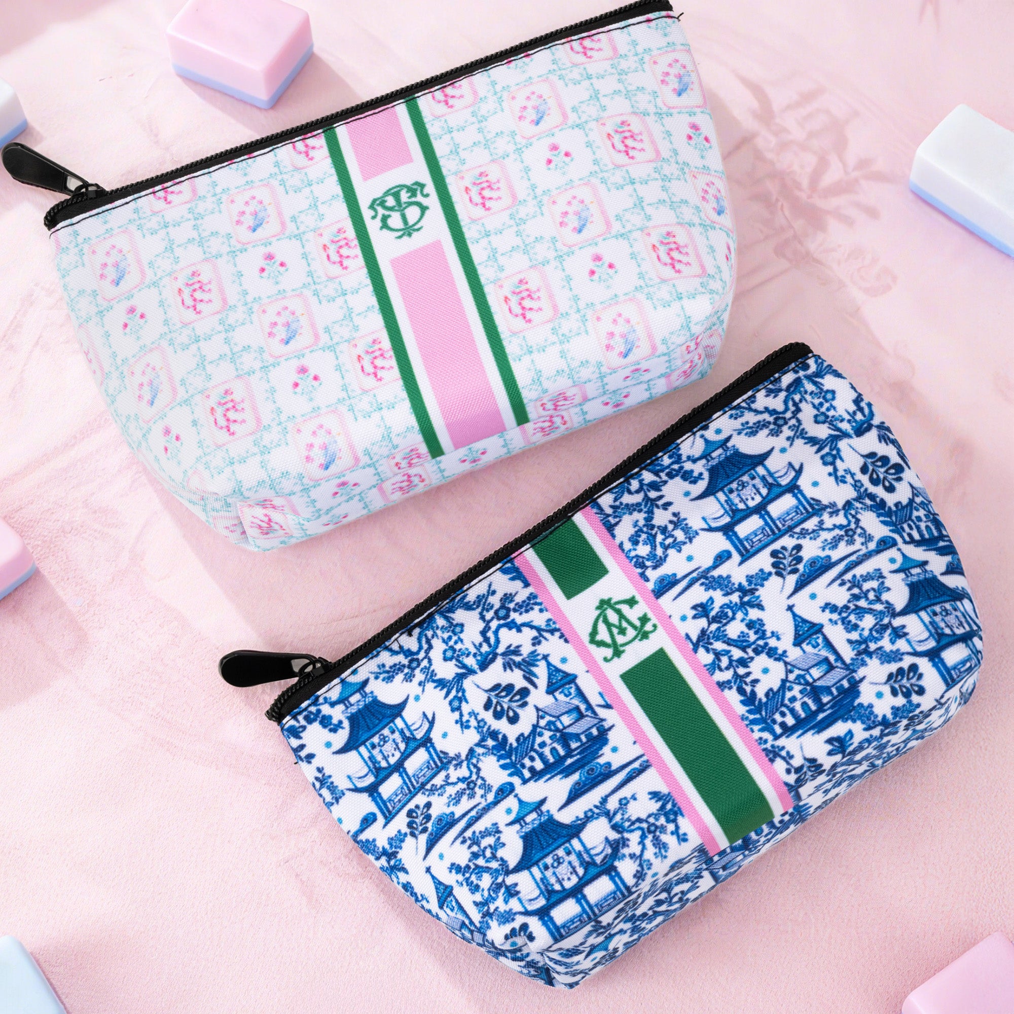 Chinoiserie personalizada con monograma Mahjong Azulejos Bolsa de maquillaje con iniciales Accesorio de viaje Navidad Cumpleaños Regalo para los amantes de Mahjong