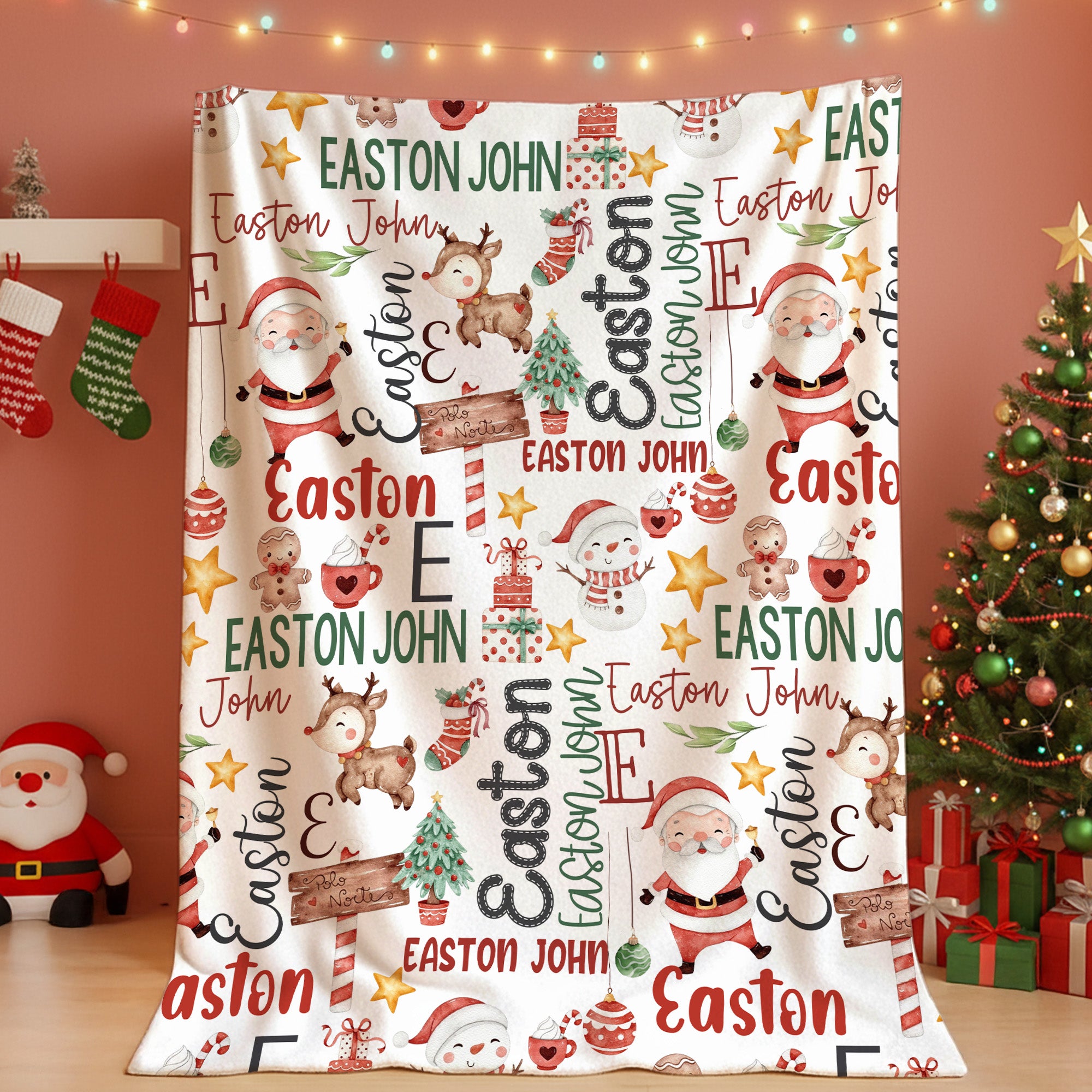 Manta blanda personalizada con el nombre del muñeco de nieve Papá Noel Tema de Navidad Decoración del hogar Regalo de Navidad para niños Familia