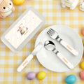 Personalizado lindo conejito inicial tenedor cuchara cuchillo 3 piezas cubiertos conjunto con el nombre de vuelta a la escuela de Pascua regalo de cumpleaños para niños niñas