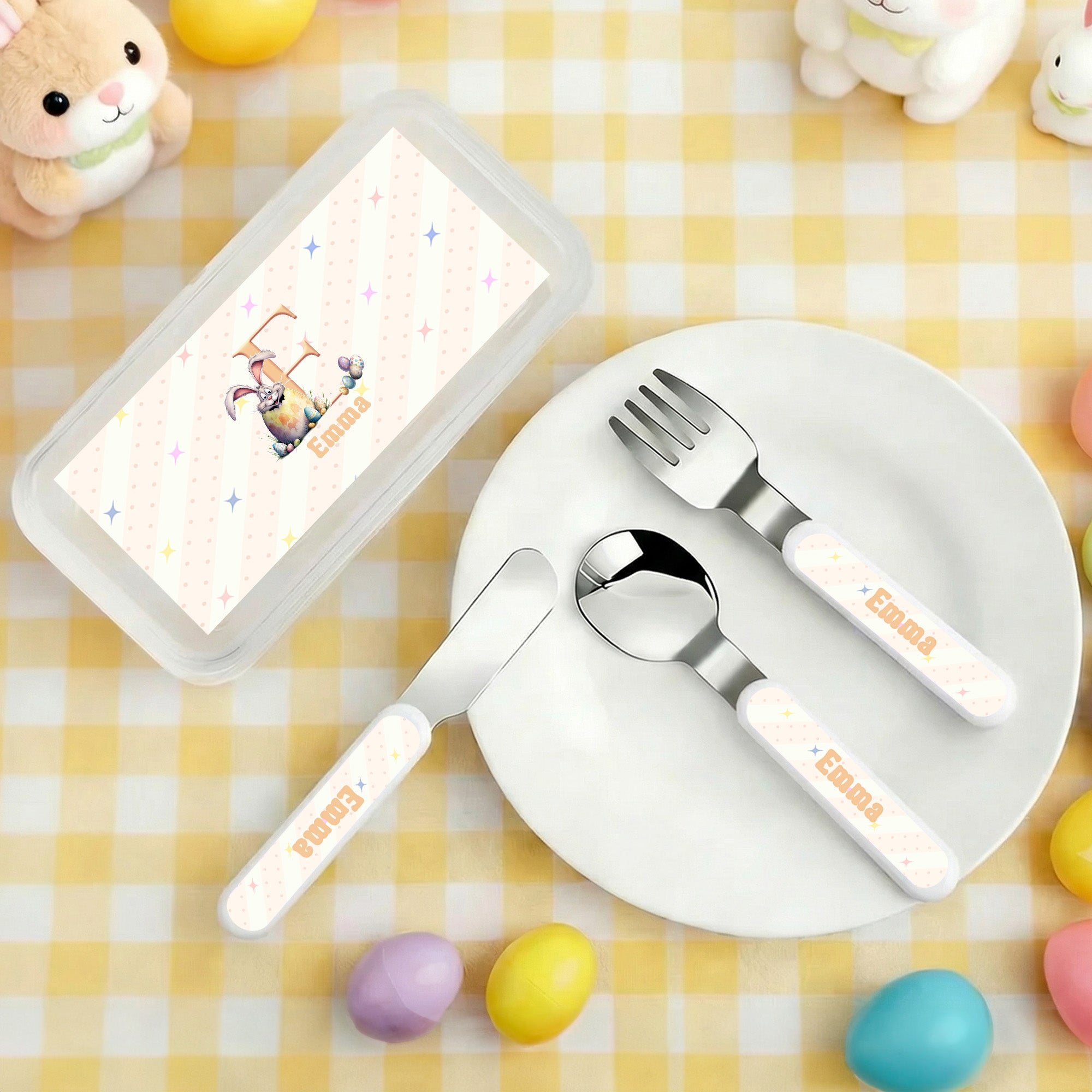 Personalizado lindo conejito inicial tenedor cuchara cuchillo 3 piezas cubiertos conjunto con el nombre de vuelta a la escuela de Pascua regalo de cumpleaños para niños niñas