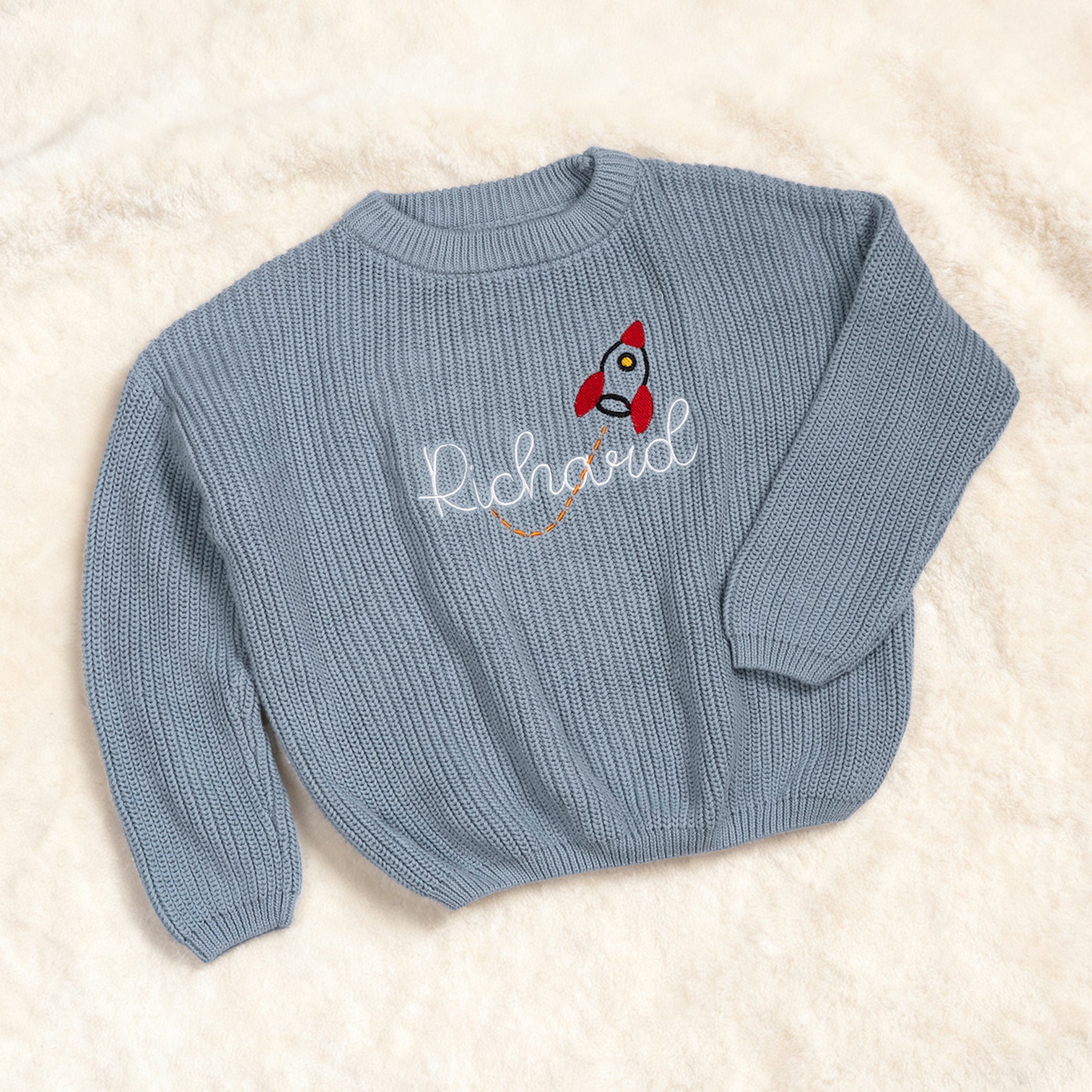 Personalizado Rocket Lunares Flores Bordado Suéter de Punto con Nombre Cumpleaños Navidad Regalo para Niños Niños Niñas