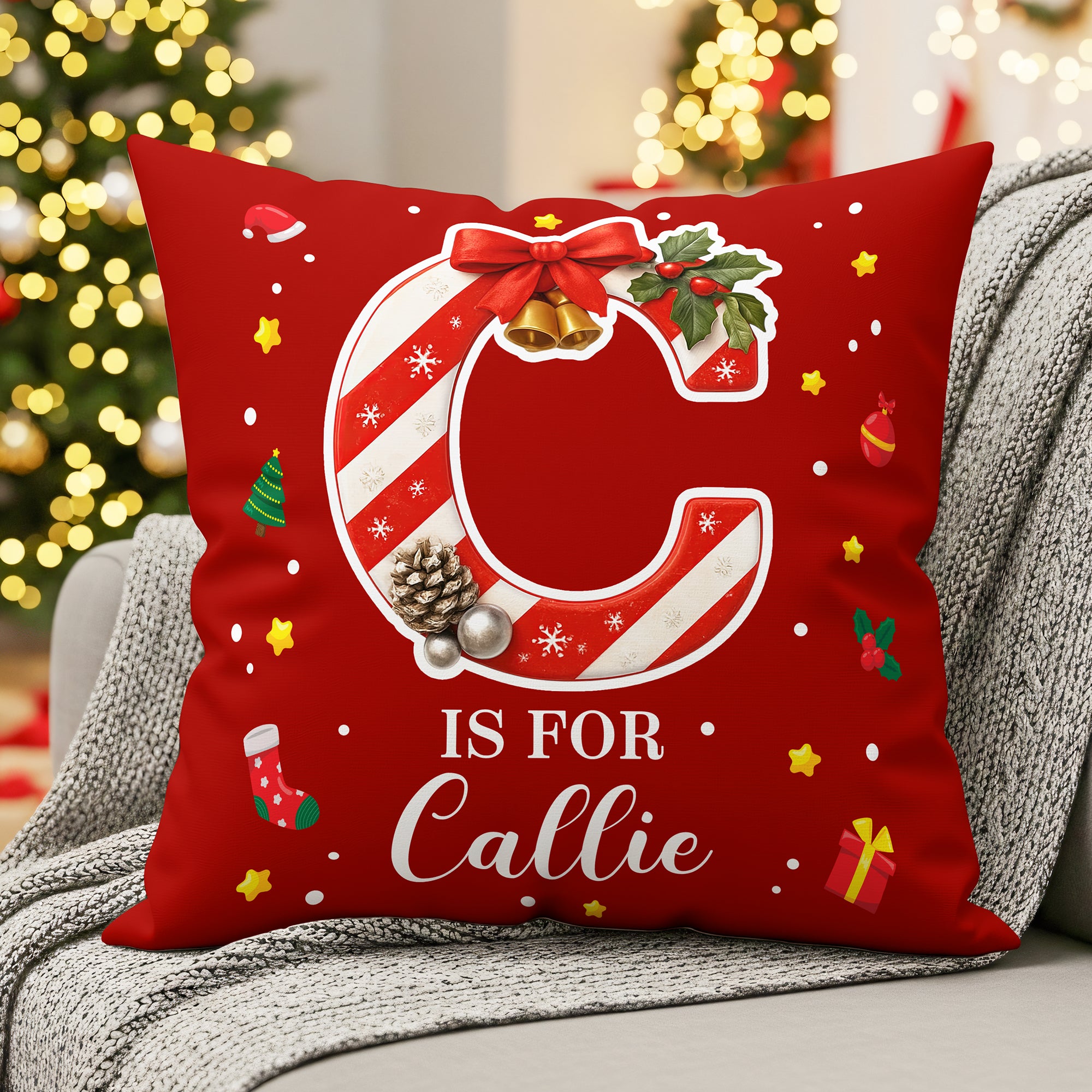 Personalizado Candy Cane Initial Soft Throw Pillow Cover with Name Home Decor Christmas Gift for Friends Family