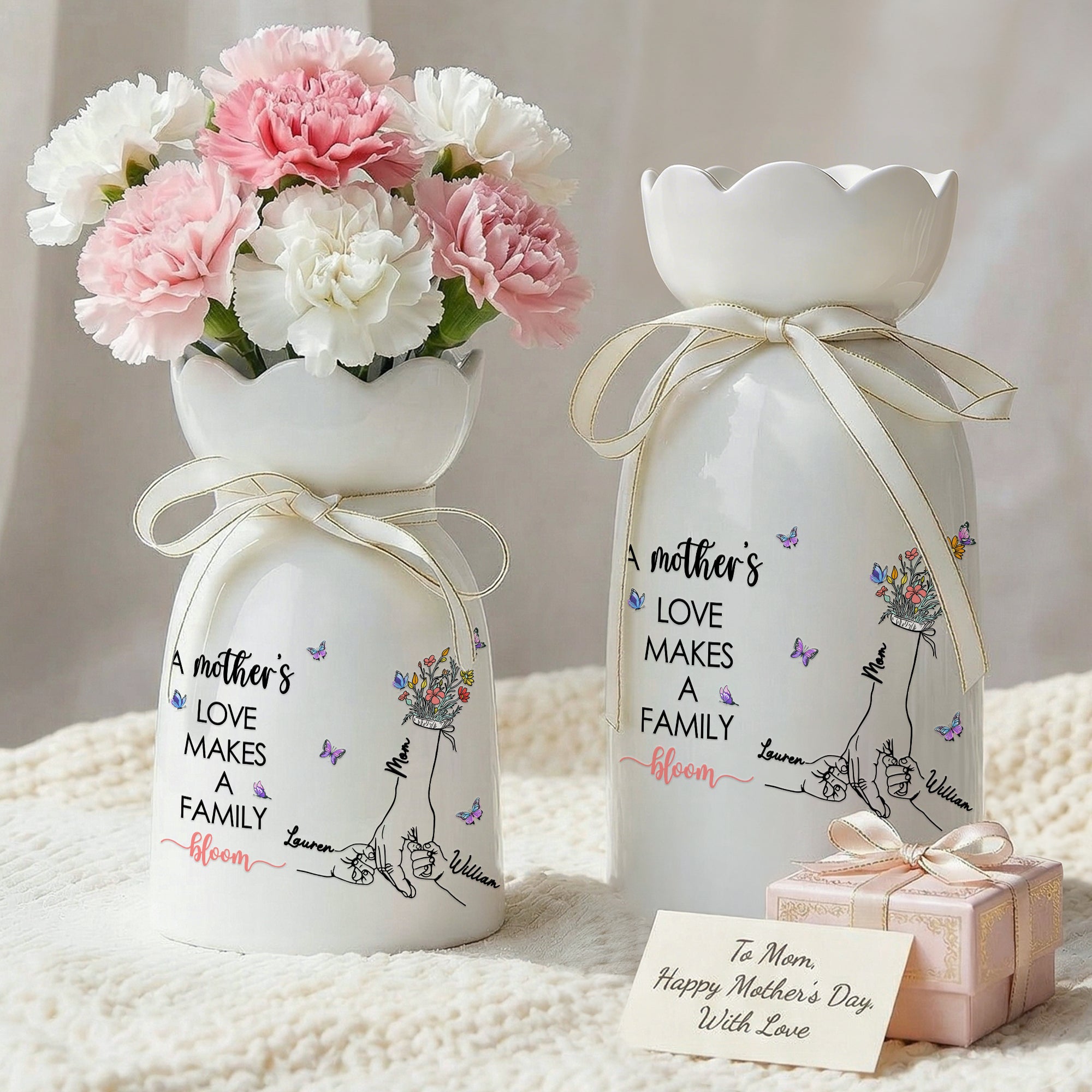 Jarrón de Cerámica Personalizado Manos en la Mano Flor de Mariposa con Nombres y Texto Decoración del Hogar Regalo del Día de la Madre para Mamá Abuela