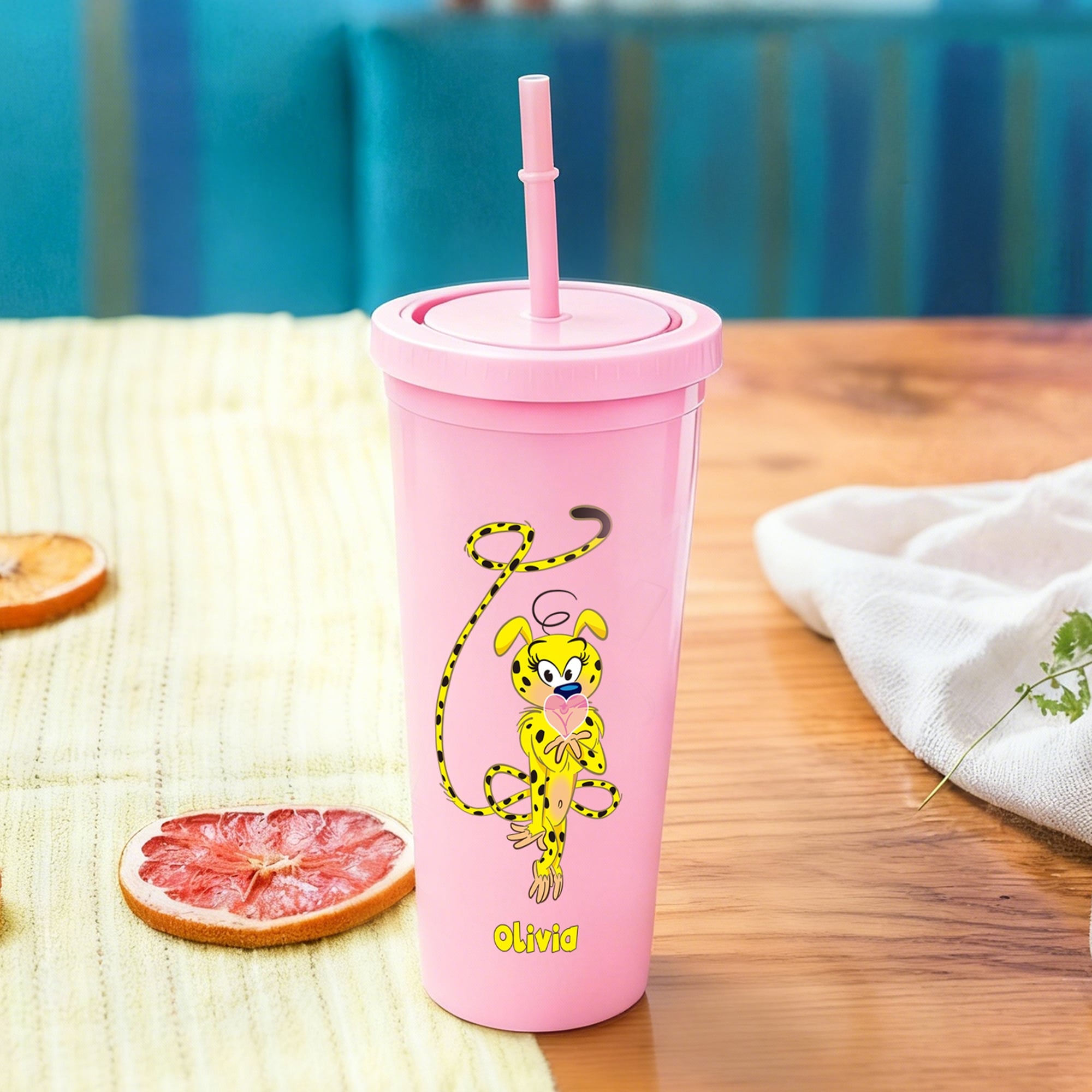 Marsupilami Personalizado Leopardo de Cola Larga 24 oz Botella de Agua Rosa con Pajita Regalo de Cumpleaños para Amigos | Callie × Marsupilami
