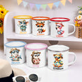 Taza personalizada de esmalte con el nombre de un animal de dibujos animados de temática hawaiana de 12 oz con borde de color Regalo de cumpleaños de vuelta al cole para niños y niñas