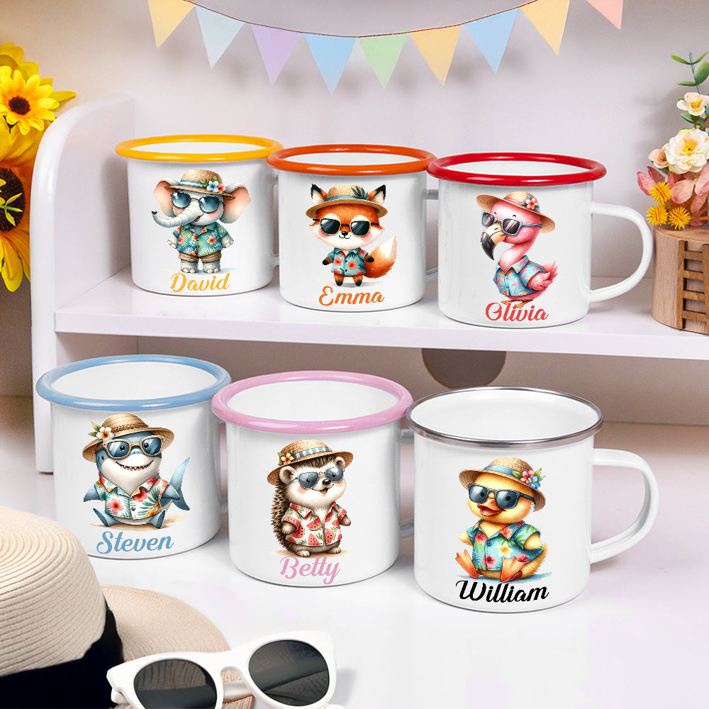 Taza personalizada de esmalte con el nombre de un animal de dibujos animados de temática hawaiana de 12 oz con borde de color Regalo de cumpleaños de vuelta al cole para niños y niñas