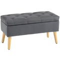 Velvet Upholstered Storage Ottoman Bench with Lid & Wood Legs for Entryway, Charcoal Grey