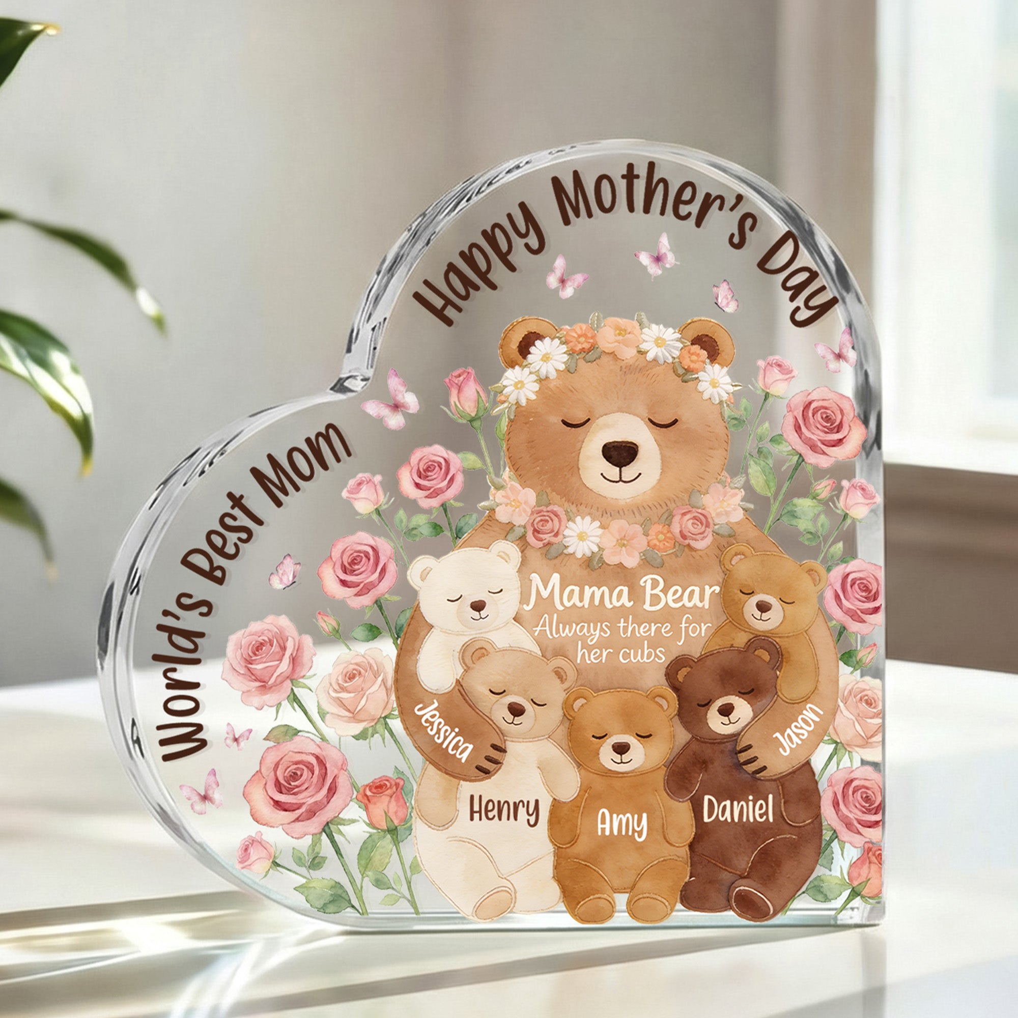 Placa acrílica personalizada en forma de corazón con los nombres de la familia del oso Decoración para el hogar Regalo del Día de la Madre para la abuela y la madre