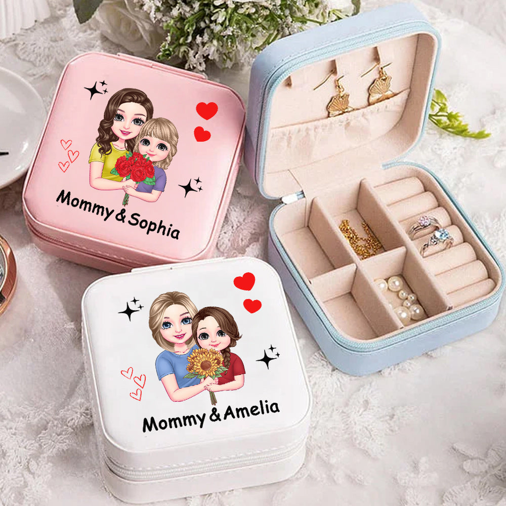 Joyero de viaje portátil de piel con nombres personalizado de mamá e hija de dibujos animados Regalo de cumpleaños para el Día de la Madre para la abuela y la madre