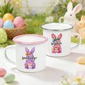 Personalizado lindo conejo de acuarela 12 oz taza de esmalte con el nombre de los huevos de caza Fiesta de Pascua de regalo para los niños