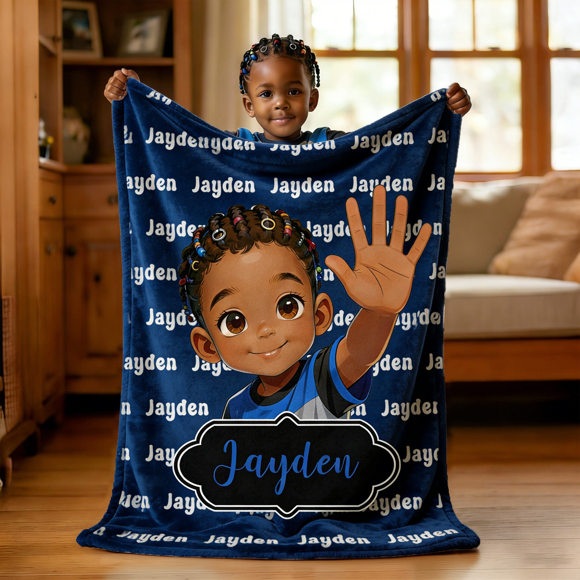 Personalizado lindo dibujo animado Little Black Boy Word Cloud Suave manta con nombre Home Decor Cumpleaños Regalo para los niños