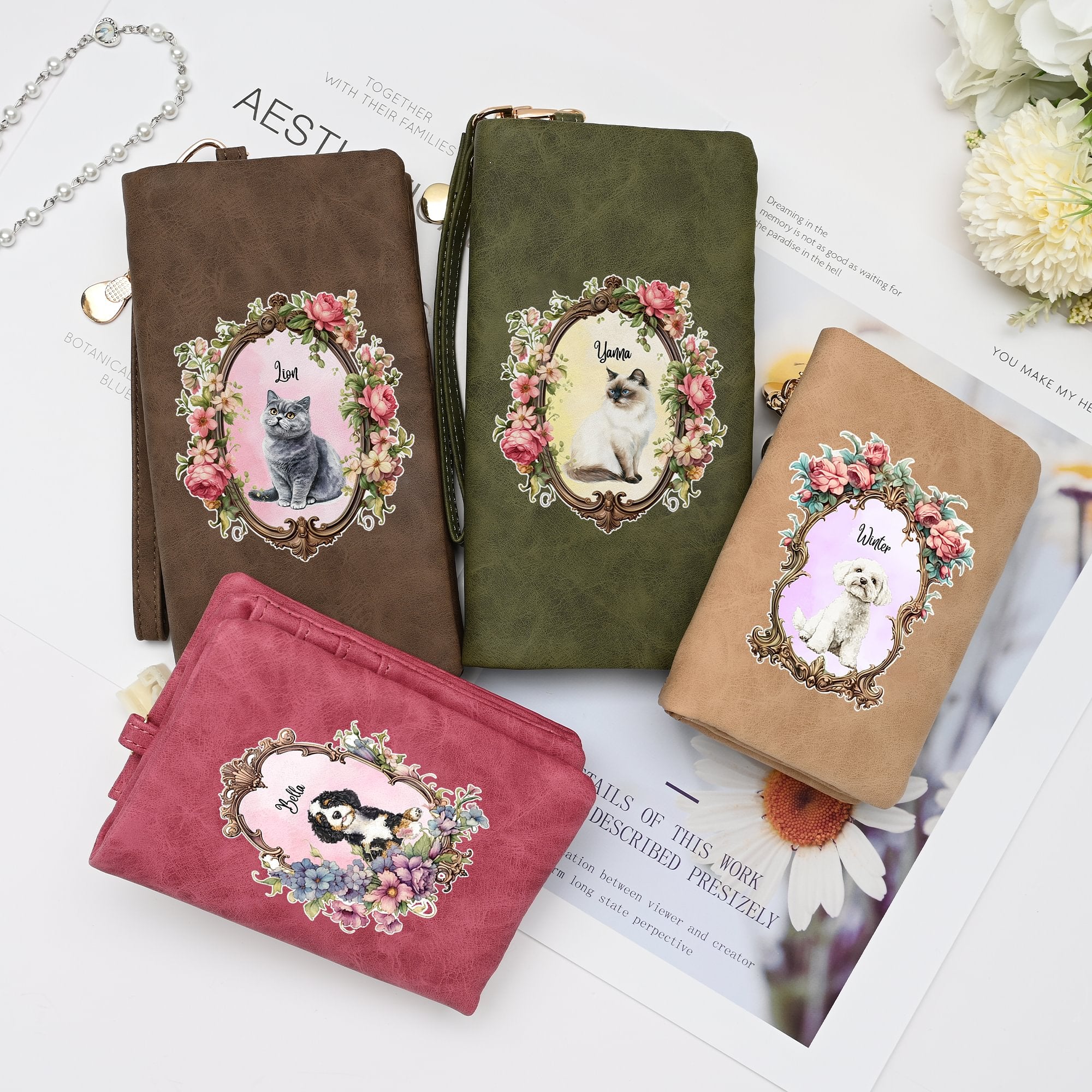 Personalizada Acuarela Retrato de Mascota Vintage Floral Marco PU Cuero Nombre Plegado Billetera y Tarjetero Regalo de Cumpleaños para Mujeres Amante de las Mascotas