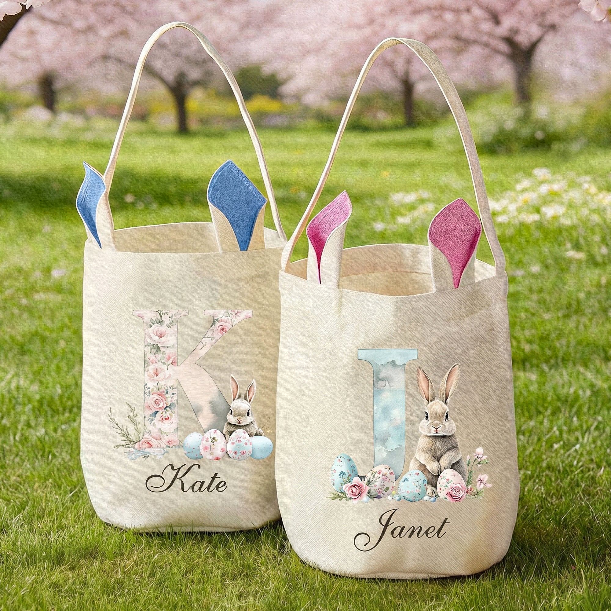 Acuarela Personalizada Conejo Flor Inicial Orejas de Conejo Cesta de Pascua con Nombre de Pascua Huevos de Caza Fiesta de Regalos para Niños Niñas