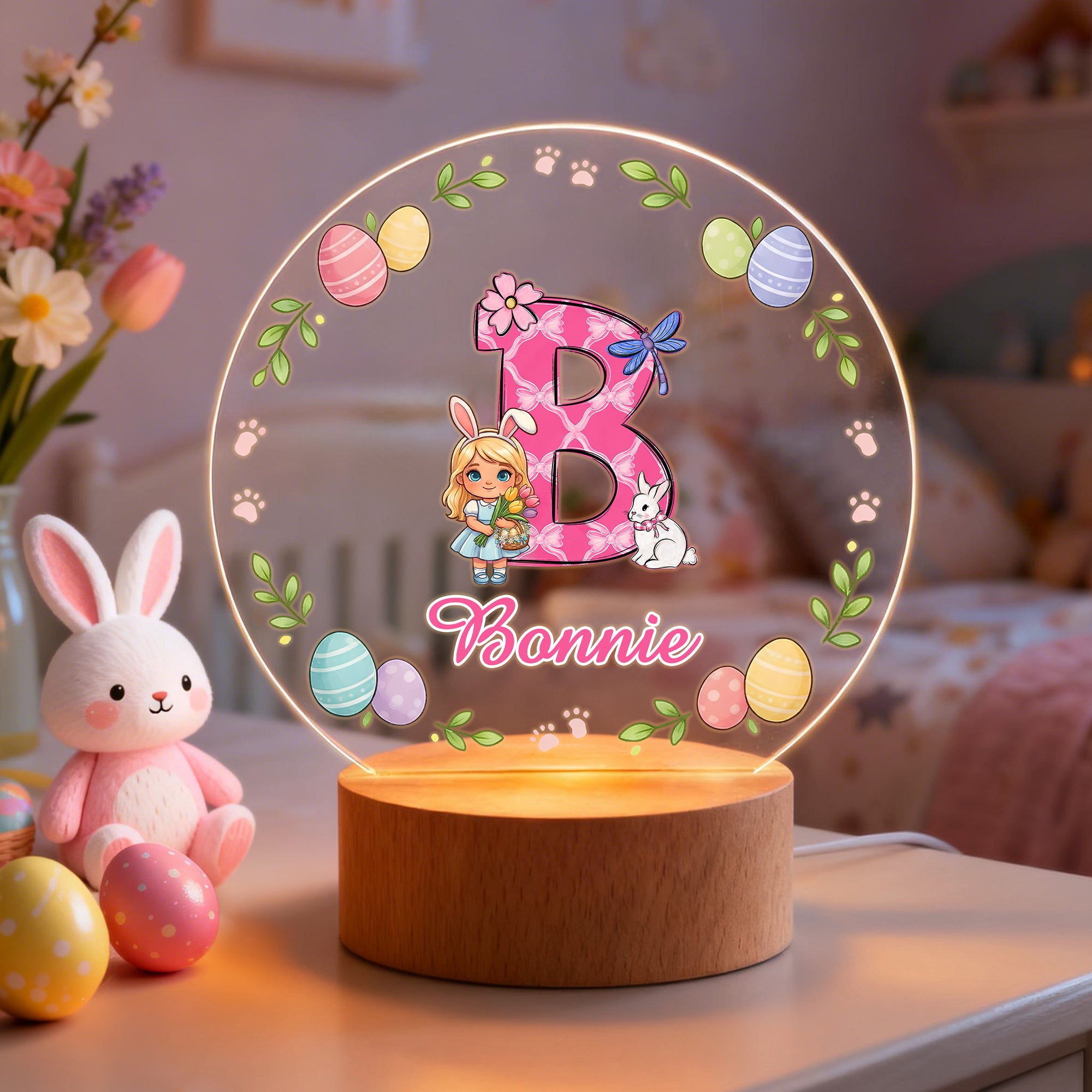 Personaje de dibujos animados personalizado Conejo Siete Colores Inicial LED Luz de Noche con Nombre y Base de Madera Decoración de Habitación Pascua Regalo de Fiesta para Niños