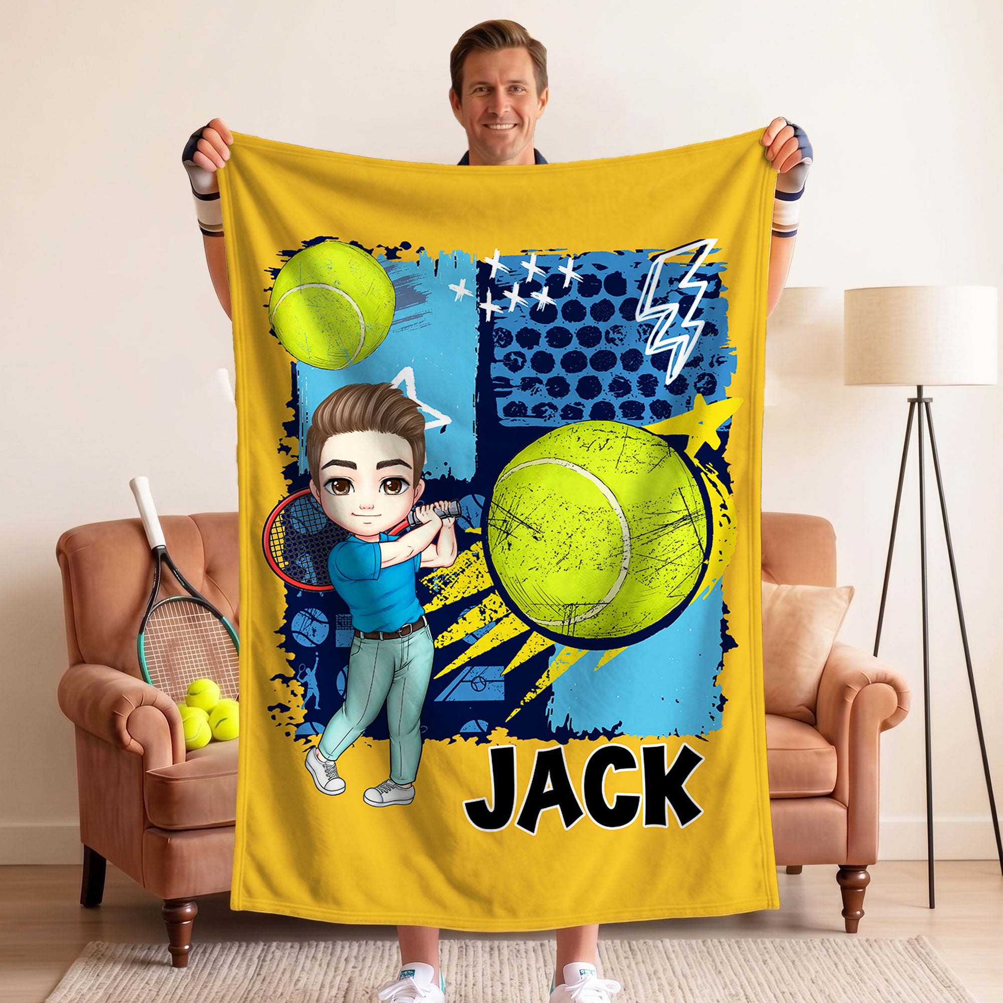 Personalizado Multicolor Cartoon Tennis Character Soft Throw Blanket with Name Home Decor Team Birthday Gift for Tennis Lovers