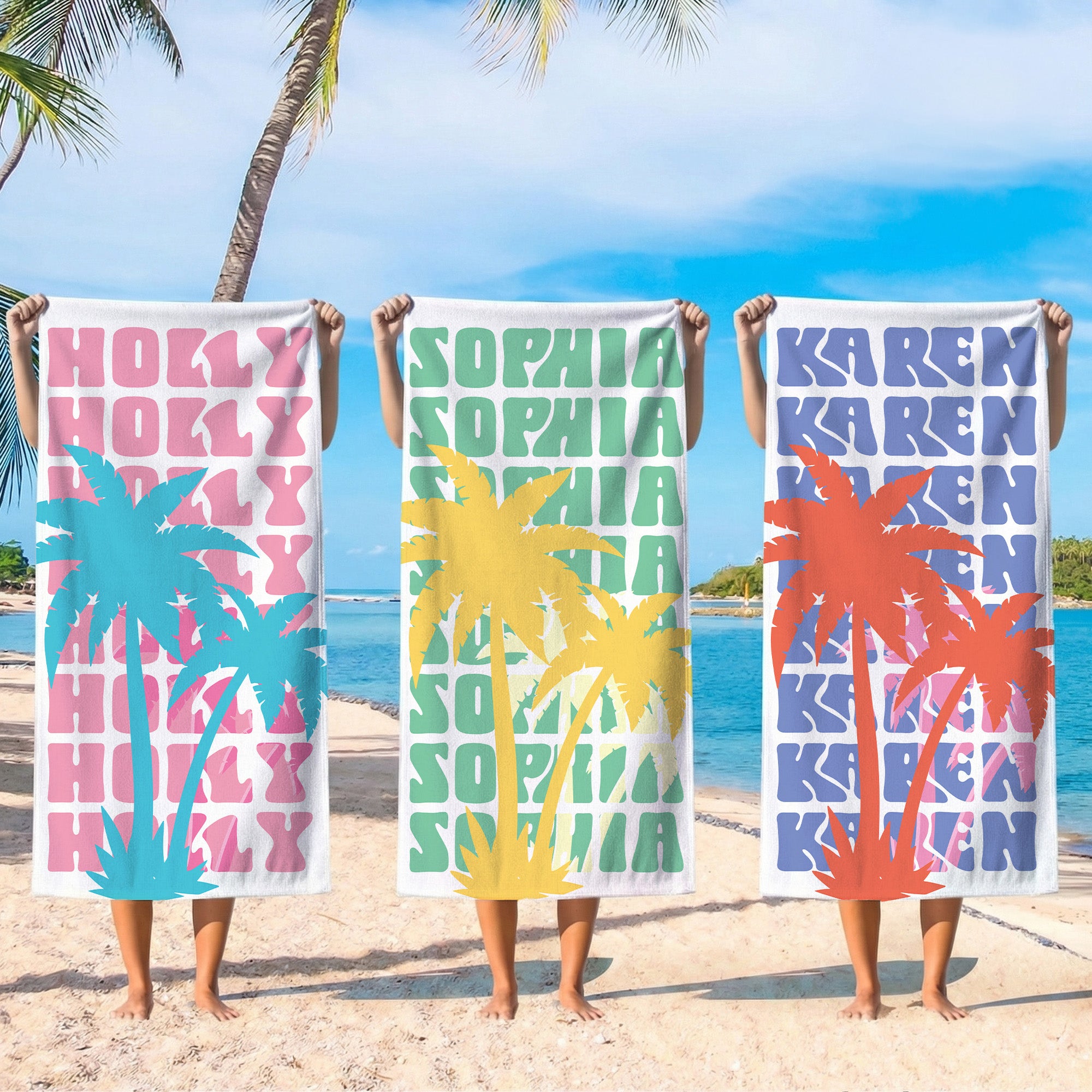 Toalla de playa multicolor personalizada de secado rápido con palmera y nombre Esenciales de viaje Cumpleaños Vacaciones de verano Fiesta Regalo para mujer