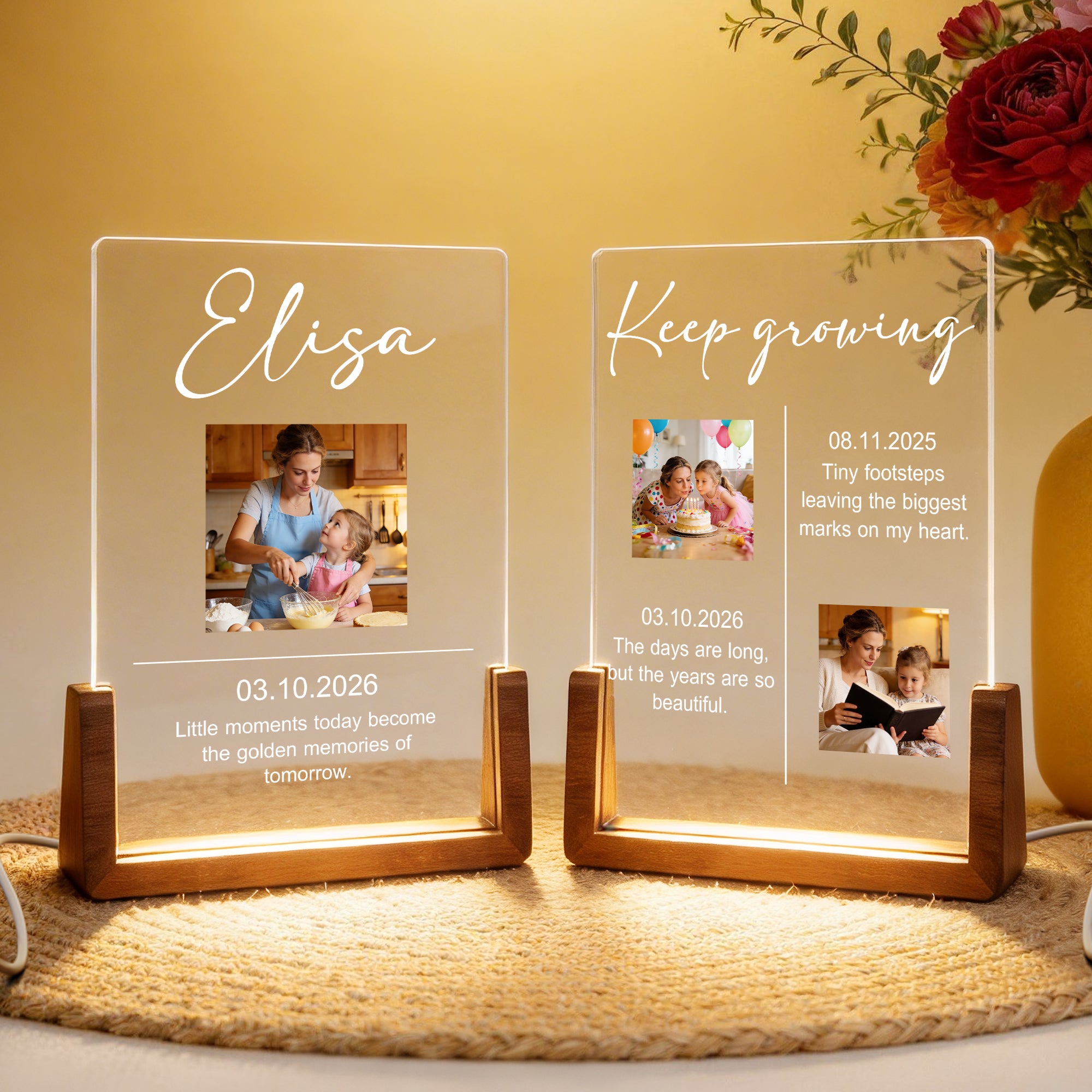 Lámpara de noche LED acrílica personalizada de varios temas con texto fotográfico y base de madera En memoria del amor Navidad Cumpleaños Regalo para amigos Familia