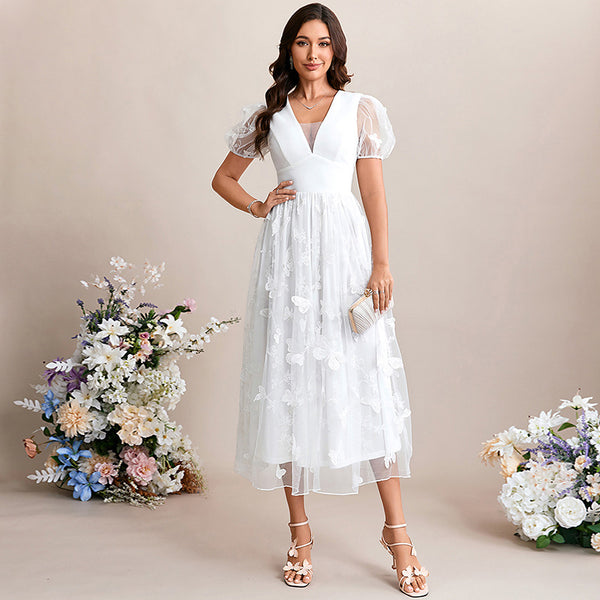 Bridal Wedding Dress White Short Sleeve Short V-Neck A-line Lace