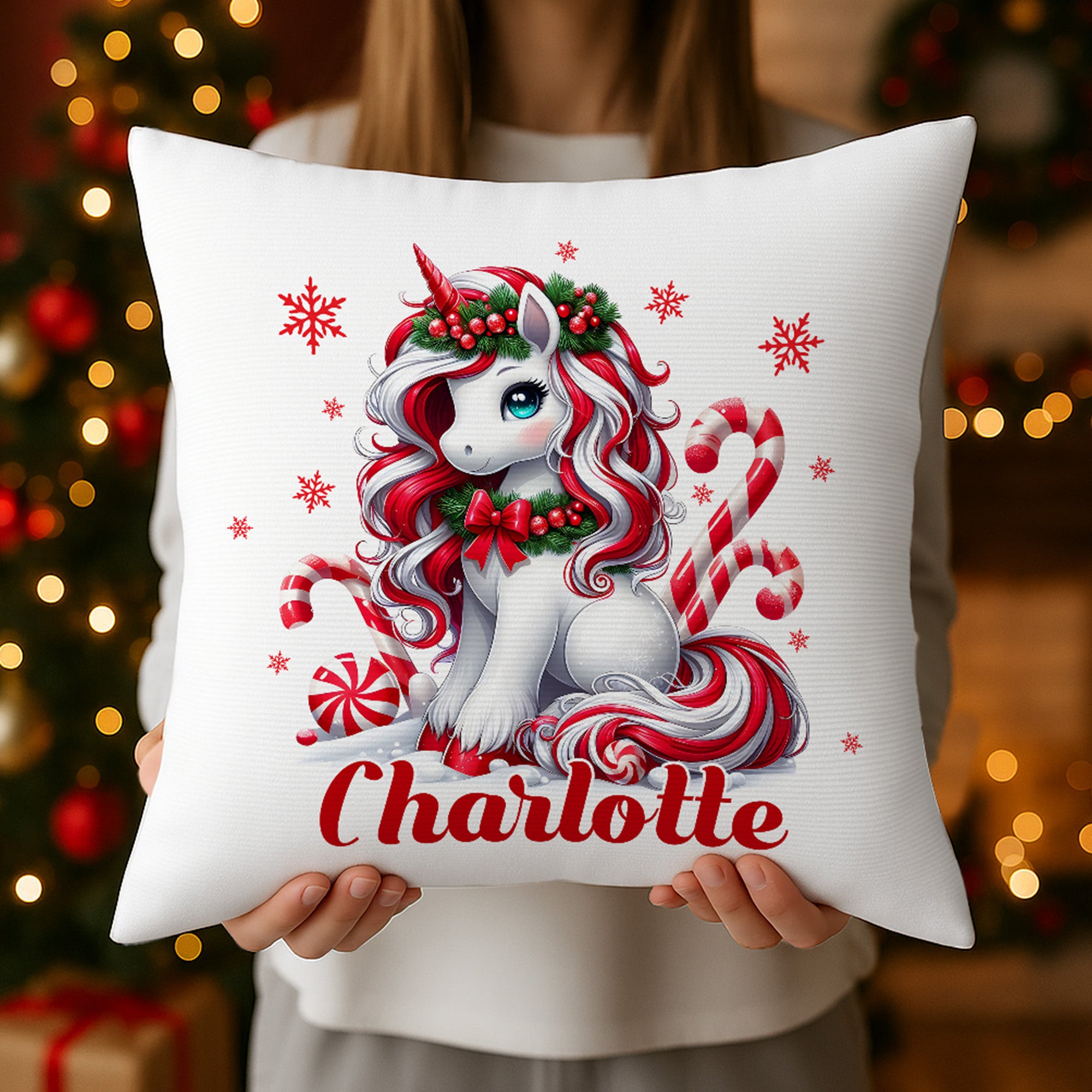 Unicornio Fantasía Personalizado Bastón de Caramelo Copo de Nieve Funda de Almohada con Nombre Decoración del Hogar Cumpleaños Navidad Regalo para Niños