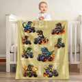 Manta blanda personalizada de dinosaurio de camión multicolor con nombre e inicial Decoración del hogar Regalo de cumpleaños para niños amantes de los dinosaurios