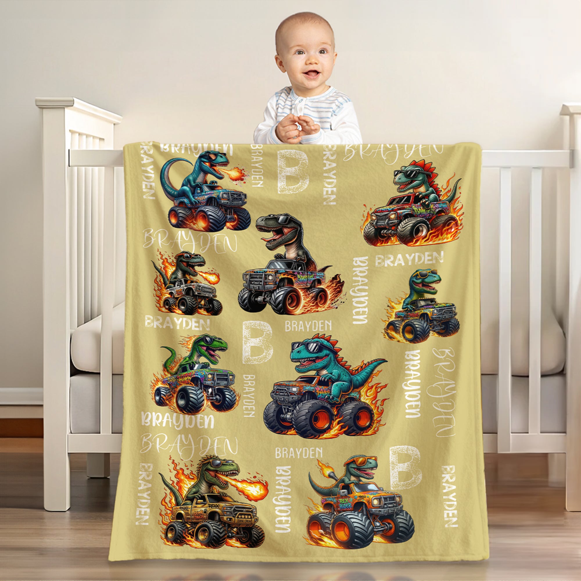 Manta blanda personalizada de dinosaurio de camión multicolor con nombre e inicial Decoración del hogar Regalo de cumpleaños para niños amantes de los dinosaurios