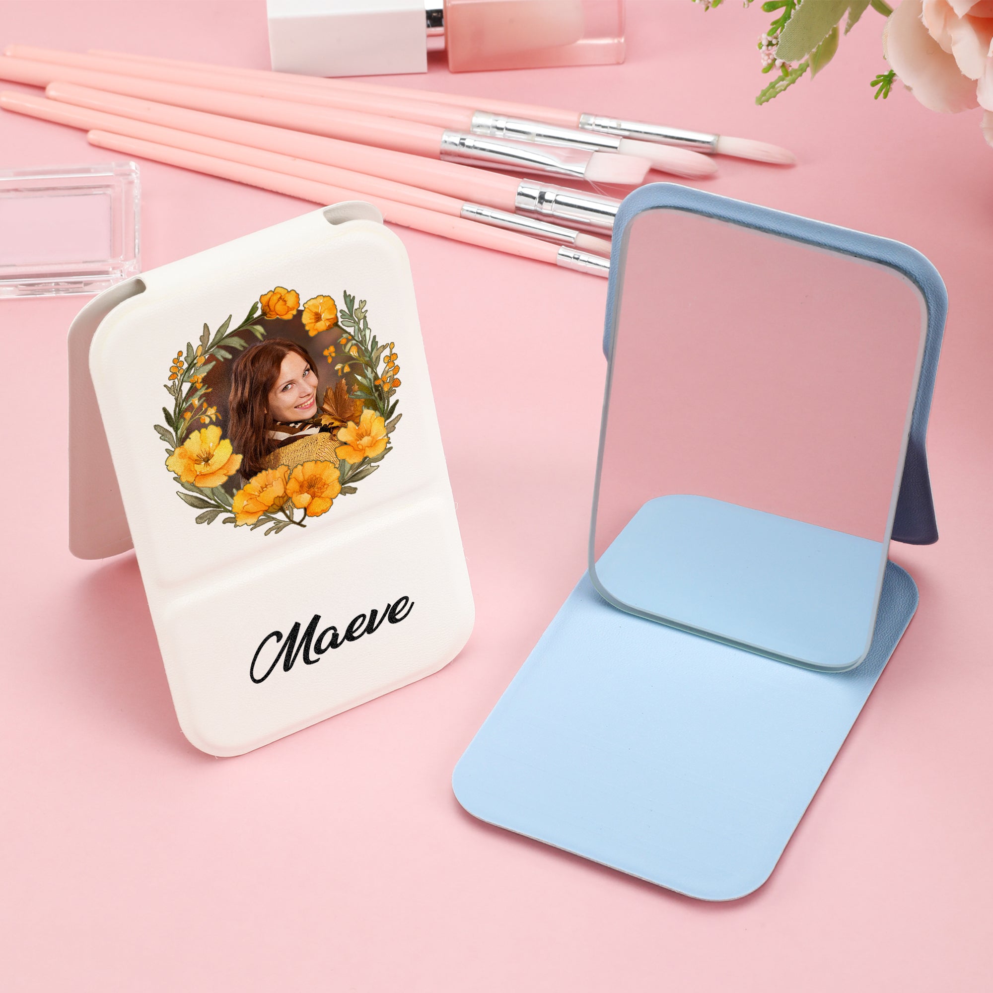 Personalizado Nacimiento Flor Guirnalda Foto PU Cuero Espejo de maquillaje con nombre Plegable Viaje Esenciales Cumpleaños Aniversario Regalo para Mujeres