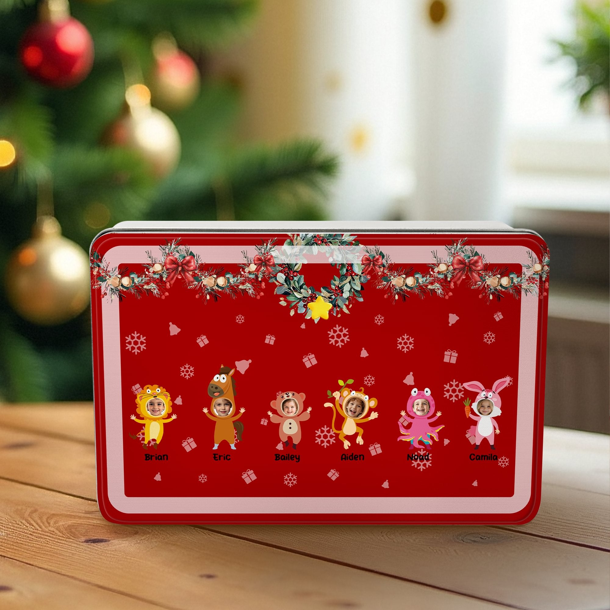 Caja de metal para galletas con fotos y nombres Personalizada 1-6 Animales Panda Caballo de dibujos animados Regalo de Navidad para la familia y los niños