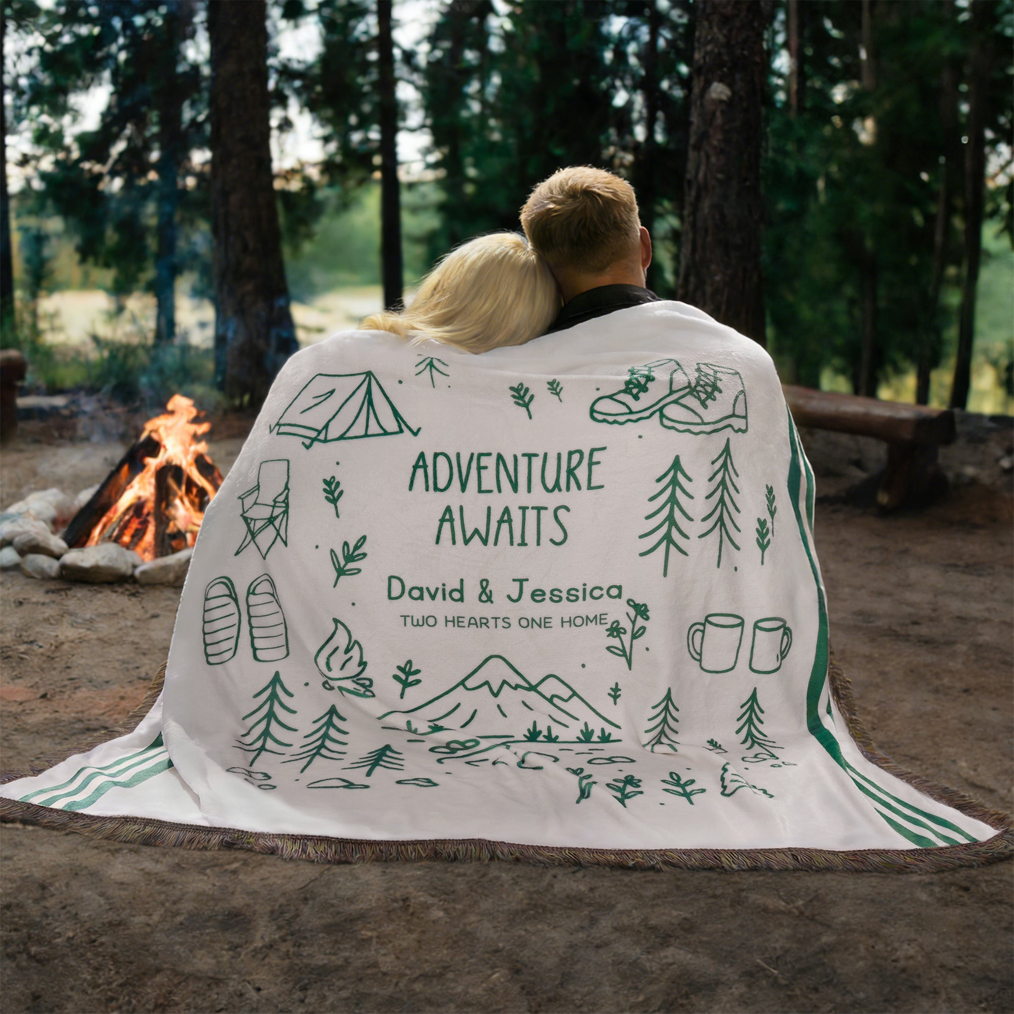 Manta blanda con borla personalizada estilo arte lineal musgo verde Percy rayas Adventure Awaits con textos Cumpleaños Camping Regalo para amantes de la naturaleza