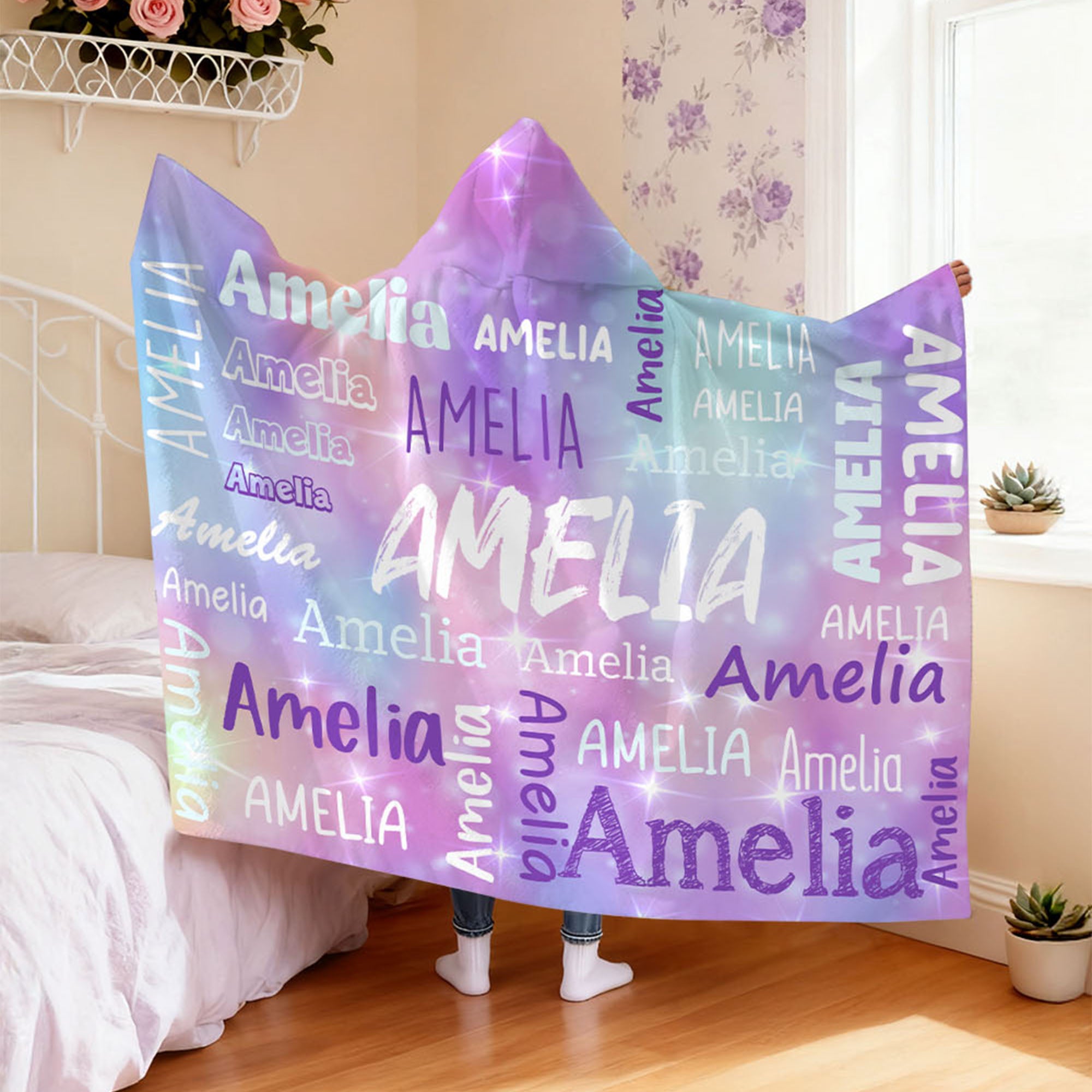 Manta suave con capucha y nombre personalizada Nube de palabras de colores degradados Regalo de cumpleaños para niños Adultos