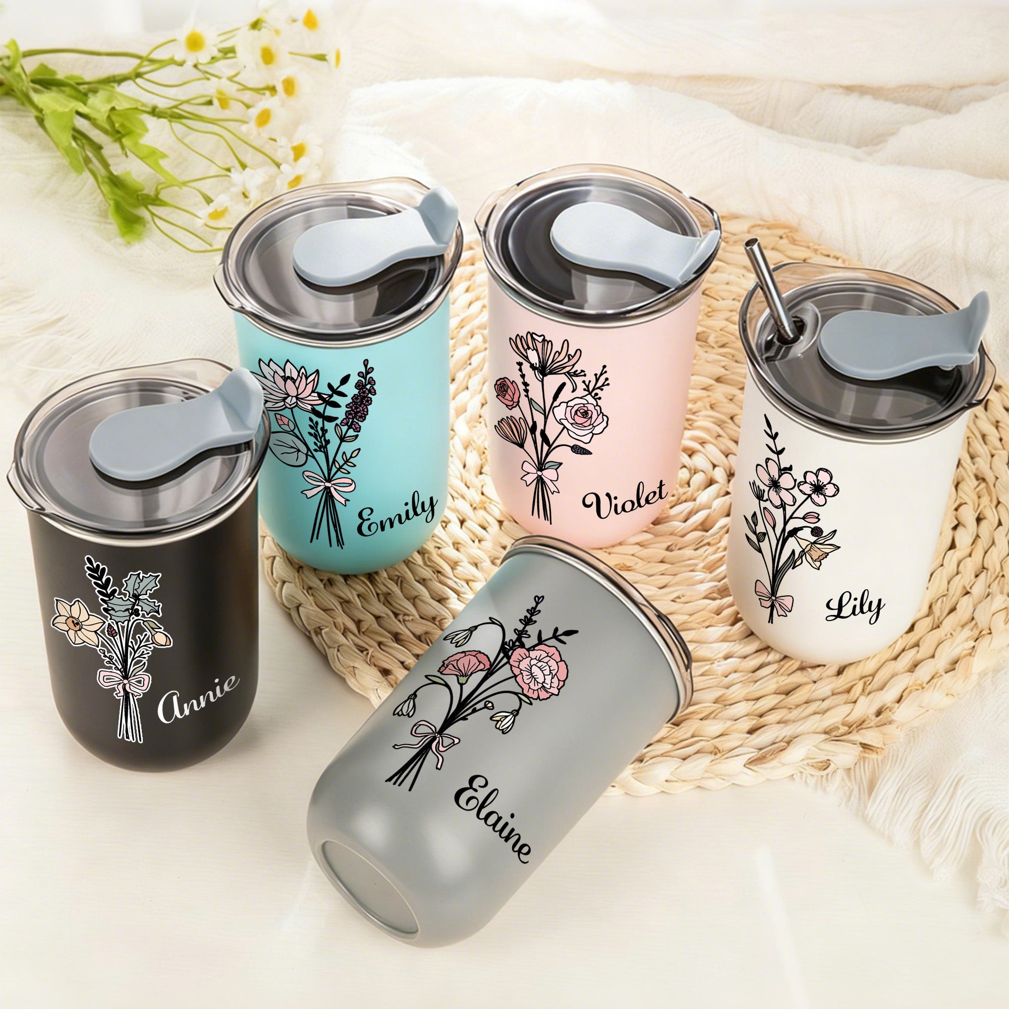 Personalizada Acuarela Nacimiento Flor Lazo 10 oz Taza de café aislante de viaje con nombre Cumpleaños Regalo de Navidad para las mujeres