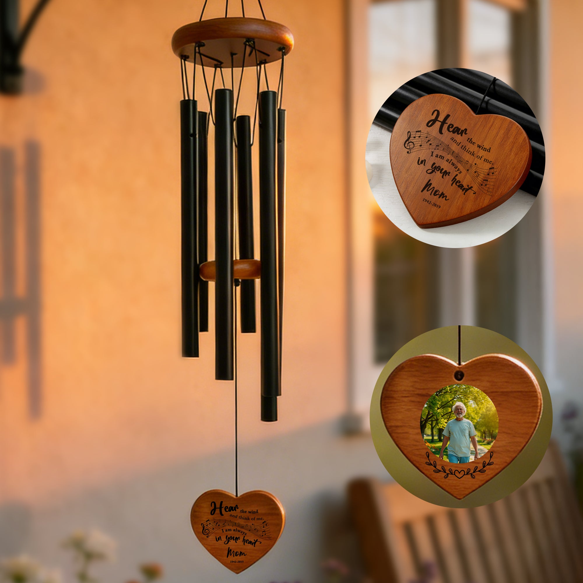 Carillón de viento de madera personalizado con texto y fecha Regalo de condolencia por la pérdida de un padre o una madre