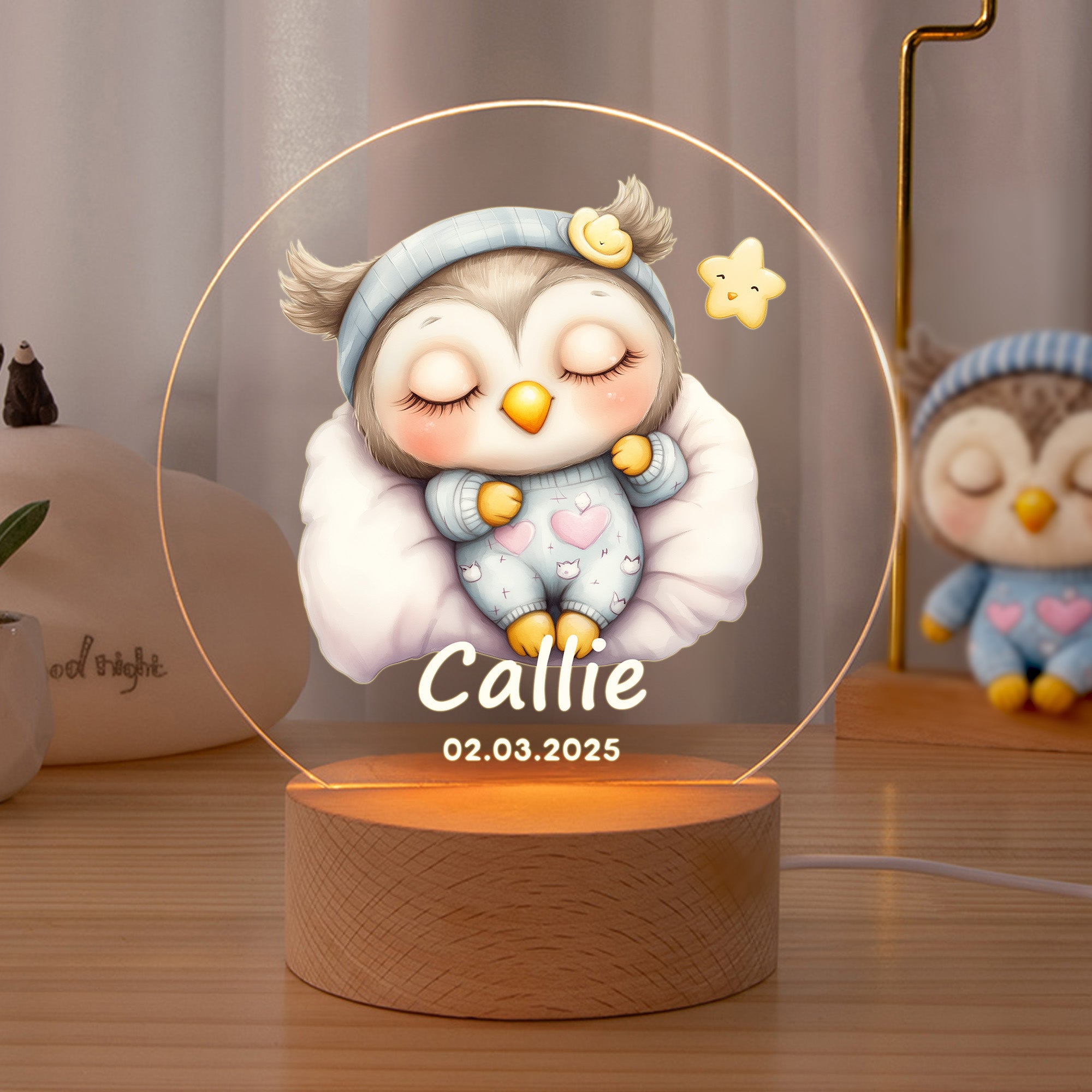 Personalizada Estrella Corazón Flor Lindo Dormilón Animal Acrílico LED Luz de Noche con Nombre Fecha y Base de Madera Cumpleaños Navidad Regalo para Niños