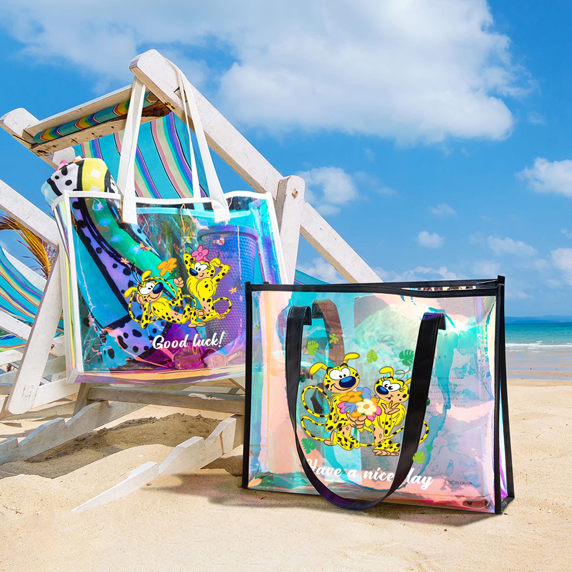 Leopardo de cola larga personalizado Marsupilami Bolsa holográfica transparente con nombre Regalo de cumpleaños para mujer | Callie × Marsupilami