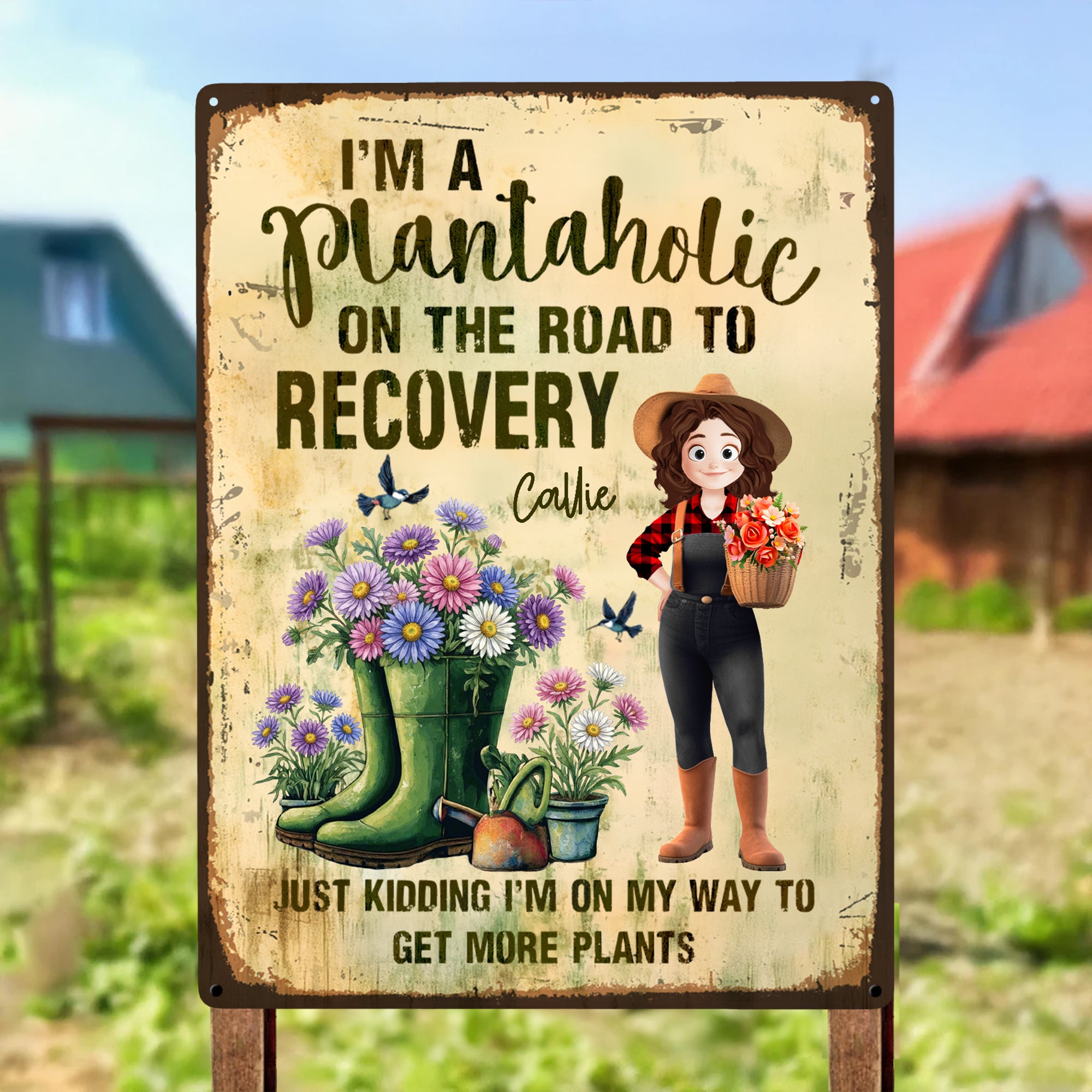 Flor de nacimiento personalizada Personaje de dibujos animados Hoja de hojalata Cuadro para colgar con nombre Decoración de jardín Regalo de cumpleaños para amante de la jardinería