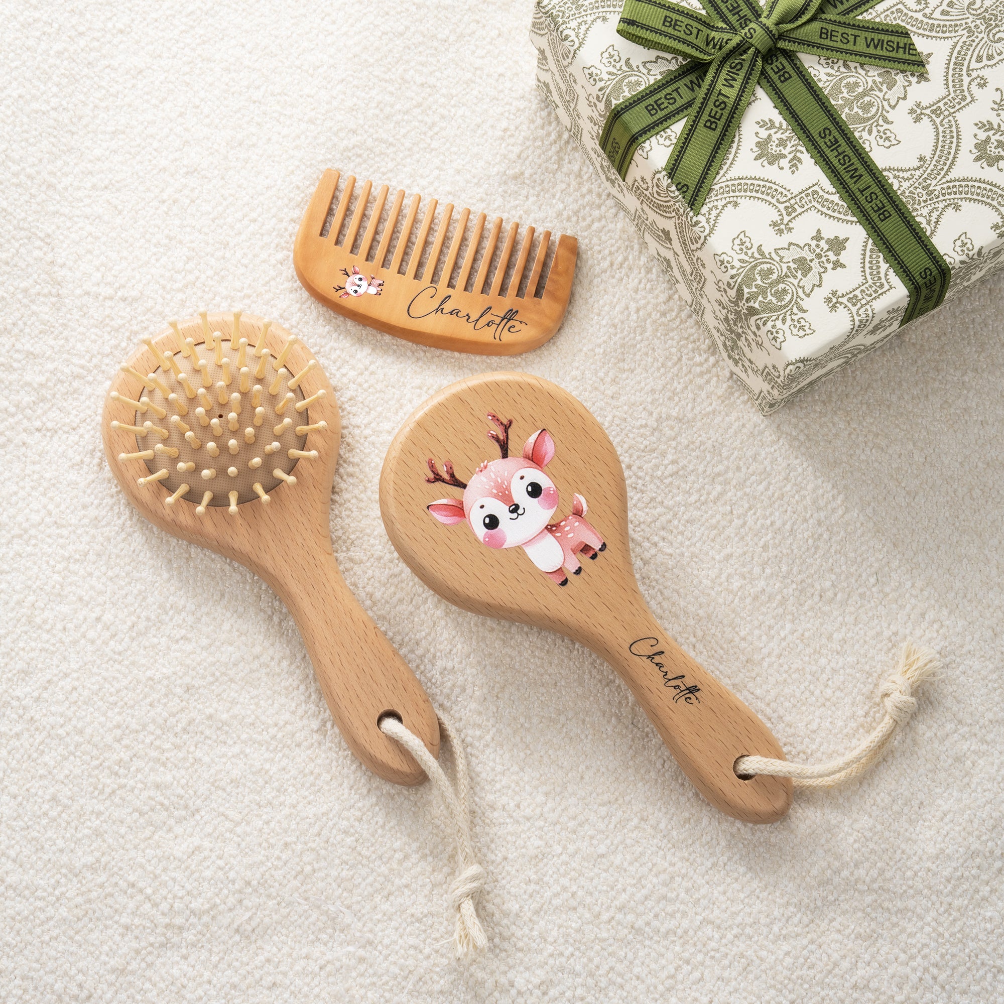 Set de cepillo de madera personalizado con nombre de animal del bosque para el pelo del bebé con bolsa de cordón y caja de regalo Regalo de bautizo cumpleaños para bebés niños
