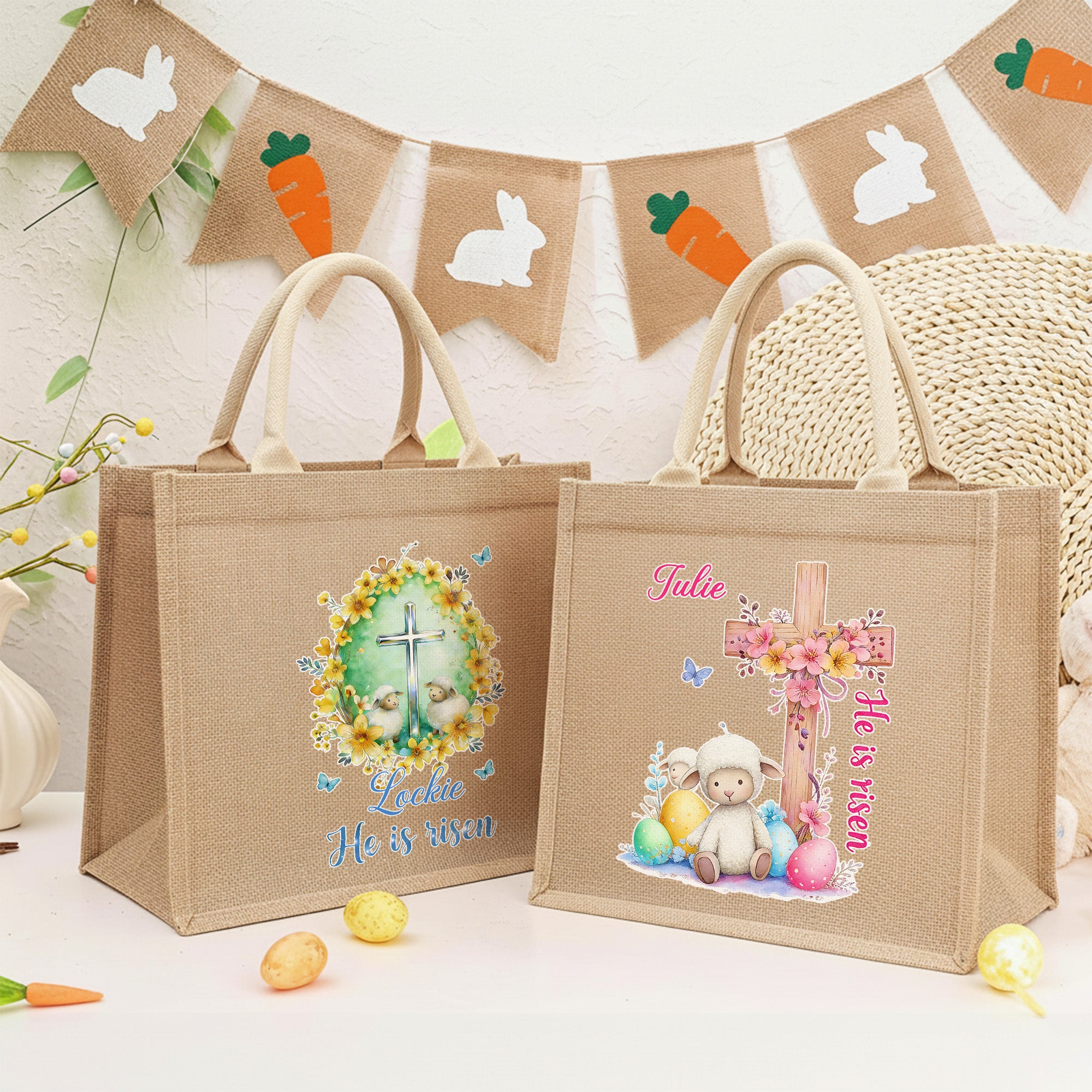 He Is Risen Cross Sheep Tote Bag with Name Egg Hunting Accessories Easter Gift for Boys Girls