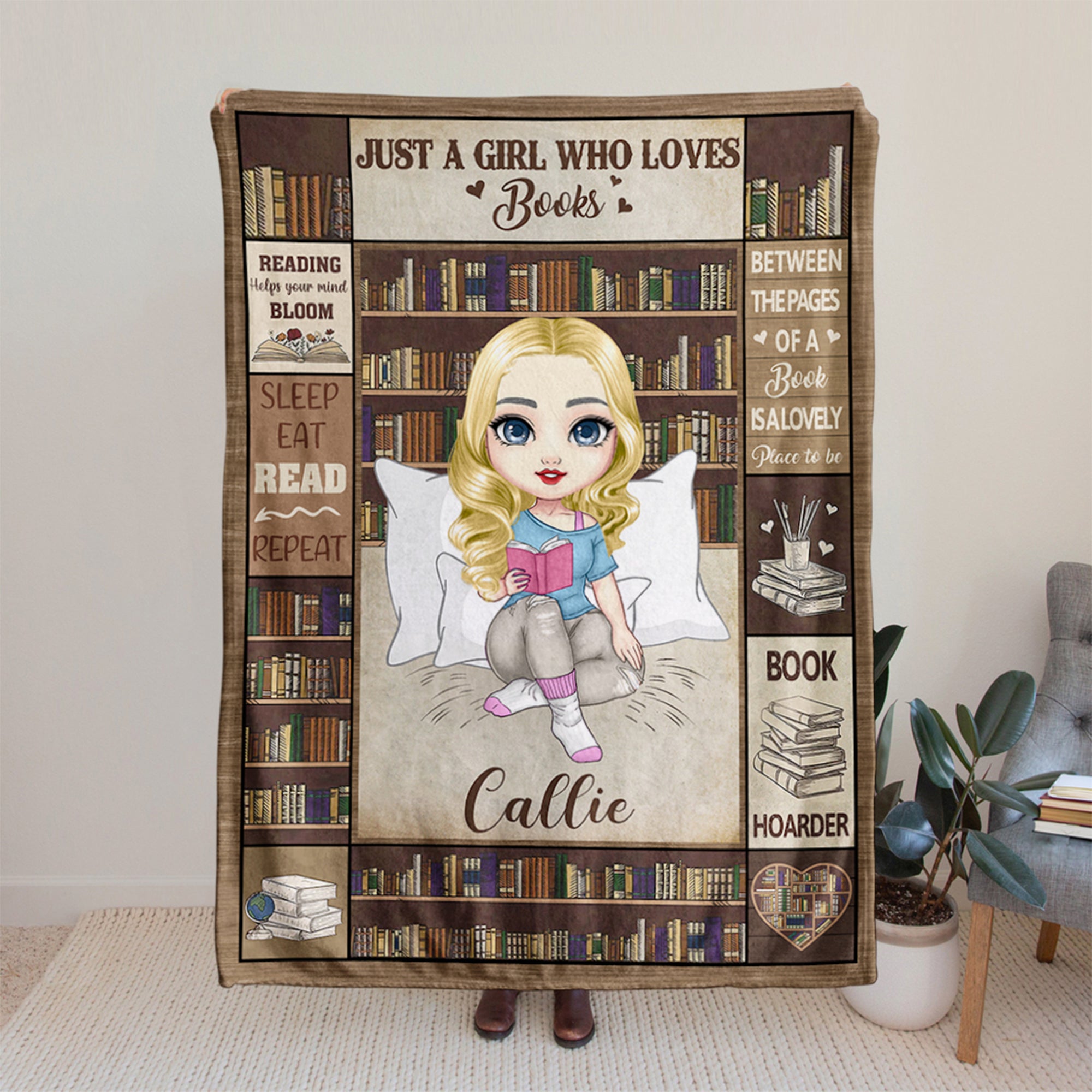 Estantería personalizada Personaje de dibujos animados Suave manta con nombre Decoración del hogar Regalo de cumpleaños para los amantes de los libros