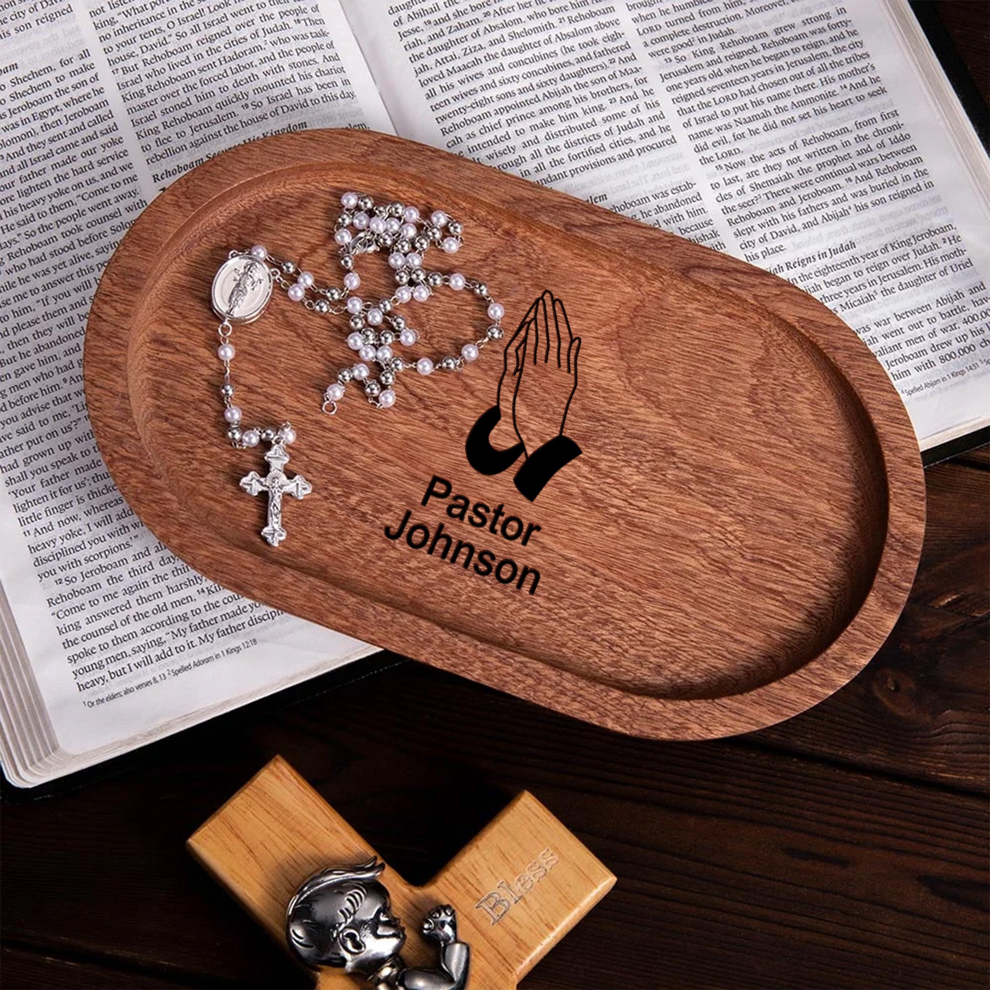 Bandeja rosario de madera personalizada con nombre Sacramento Primera Comunión Bautizo Regalo para cristianos