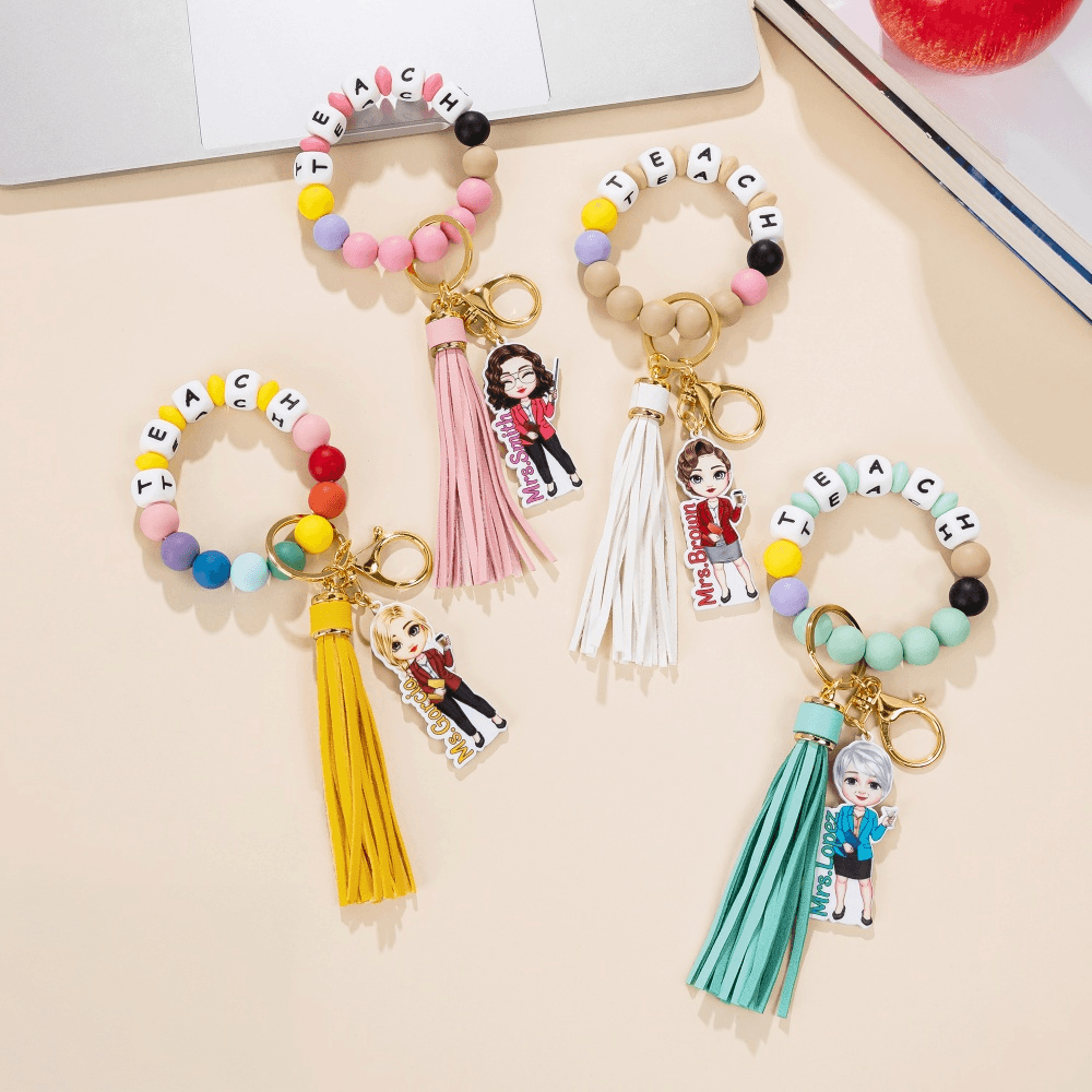 Llavero Pulsera Personalizado Personaje de Dibujo Animado de Profesor con Pulsera de Cuentas y Texto de Agradecimiento Regalo de Vuelta al Cole para Profesor