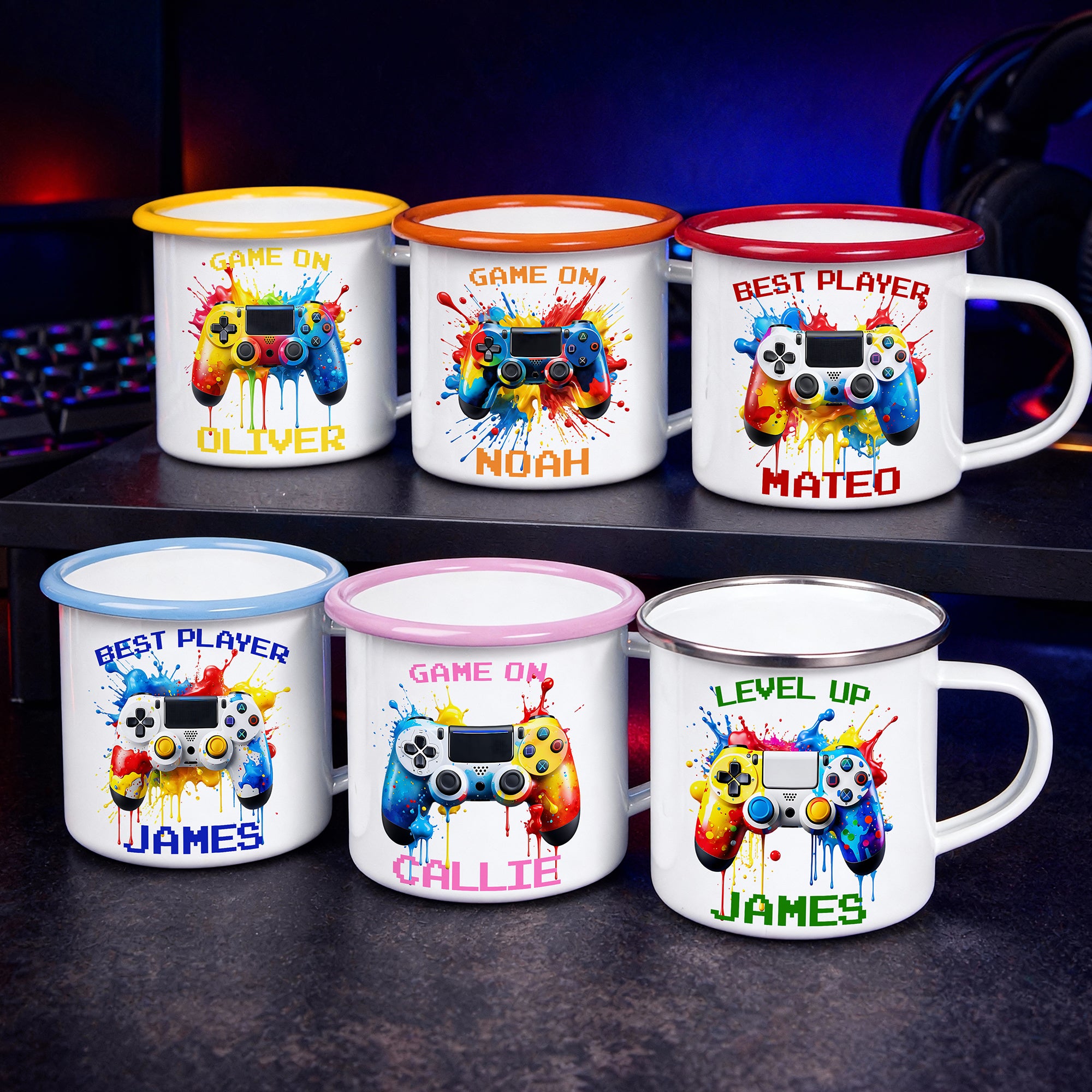 Taza de esmalte con borde de color y nombre personalizada con acuarela Ink Splash Gamepad 12 oz Regalo de cumpleaños de uso diario para niños amantes de los juegos