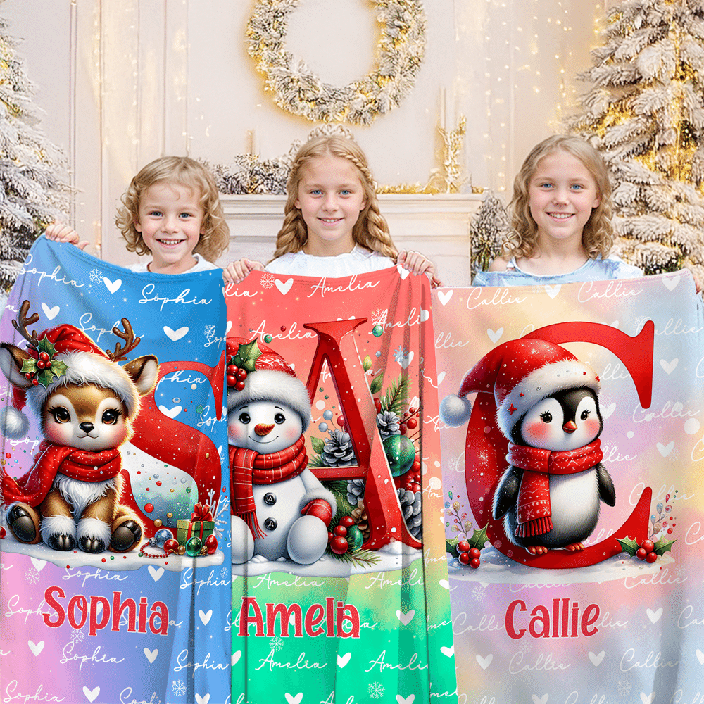 Gorro de Papá Noel personalizado Muñeco de nieve Pingüino Inicial Nube de palabras Manta suave con nombre Decoración del hogar Regalo de Navidad para niños Familia