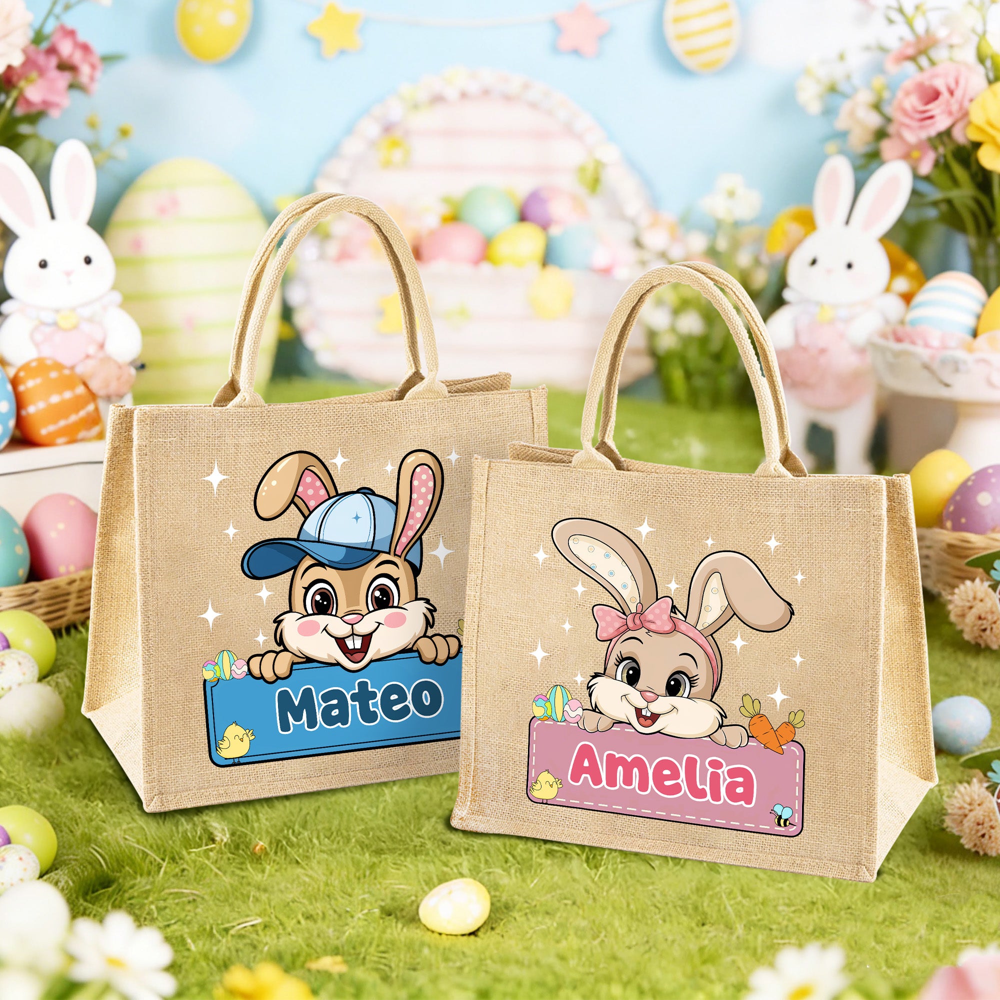 Conejito de Pascua con lazo personalizado Bolsa grande de yute con nombre Fiesta de Pascua Caza del huevo Regalo para niños Niñas